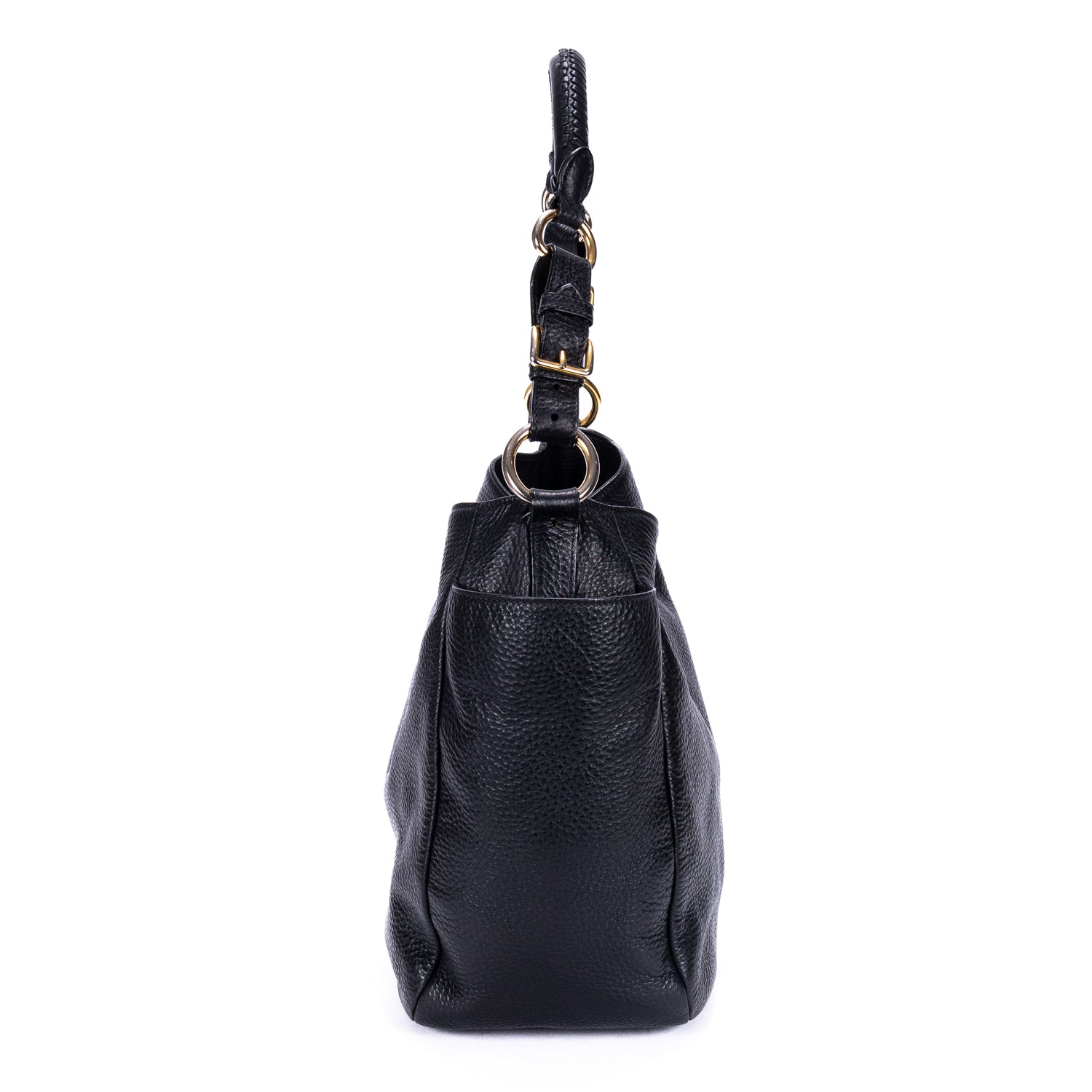 Shoulder Bag Side Pocket Tote Black Vitello Daino Leather