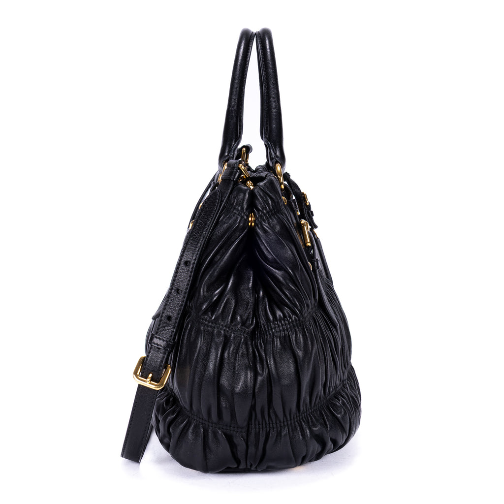 Shoulder Bag Satchel Bag Black Nappa Gaufre Leather