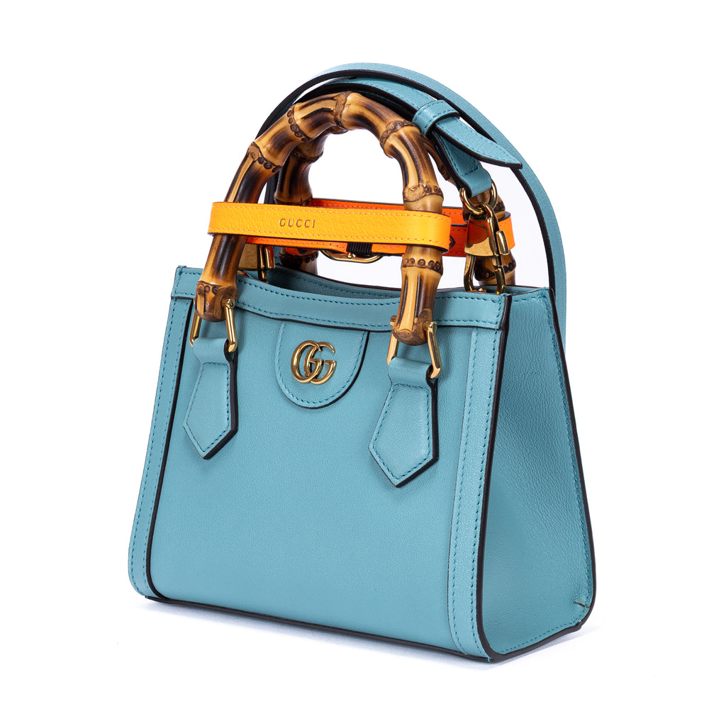 Bolso de hombro pequeño Diana Bamboo Tote de piel de becerro azul pequeño