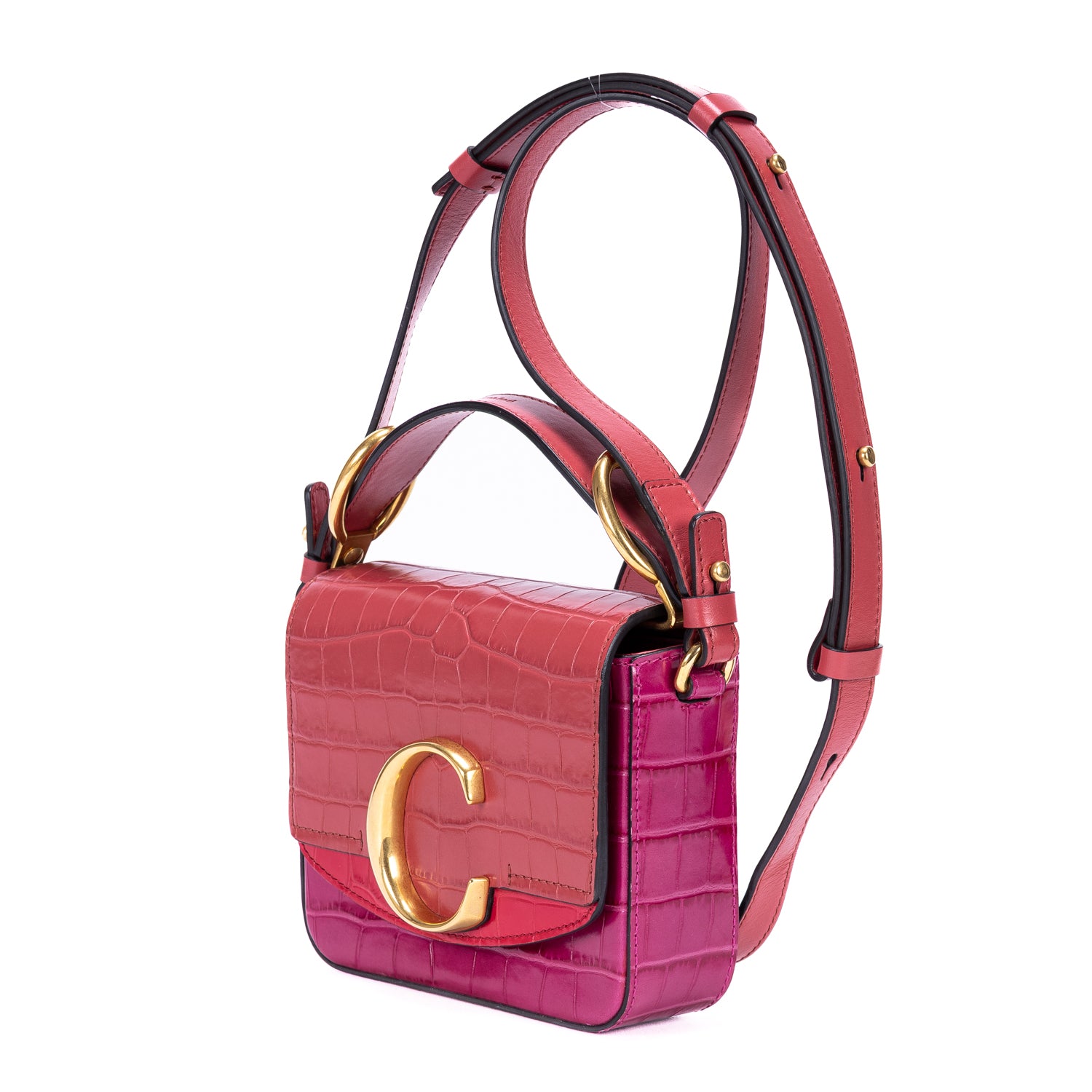 Shoulder Bag C Crossbody Red Calfskin Crocodile Embossed Leather