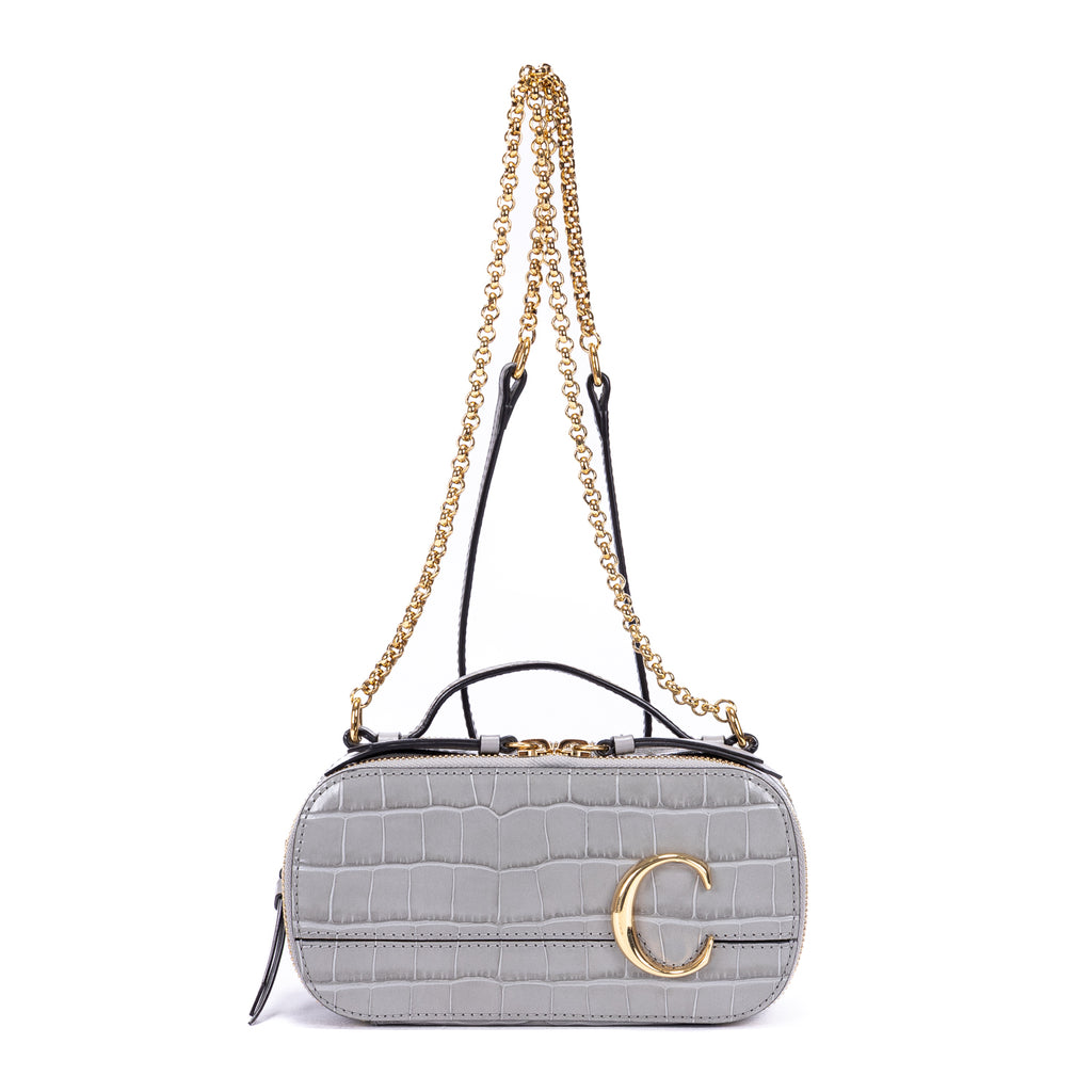 Sac à bandoulière C en cuir de veau gaufré façon crocodile gris