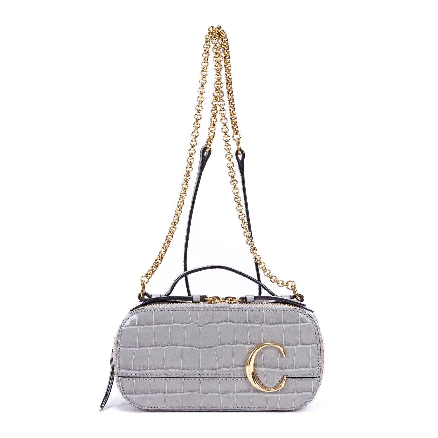 Shoulder Bag C Crossbody Grey Crocodile Embossed Calfskin Leather