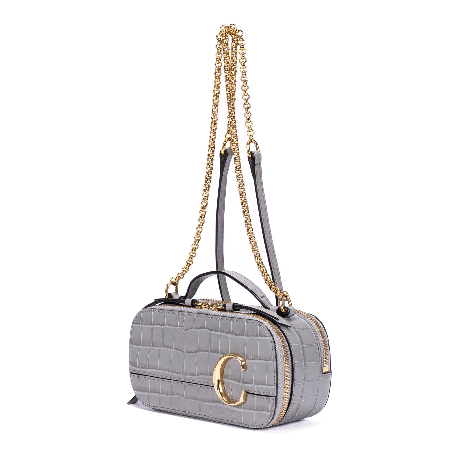 Shoulder Bag C Crossbody Grey Crocodile Embossed Calfskin Leather