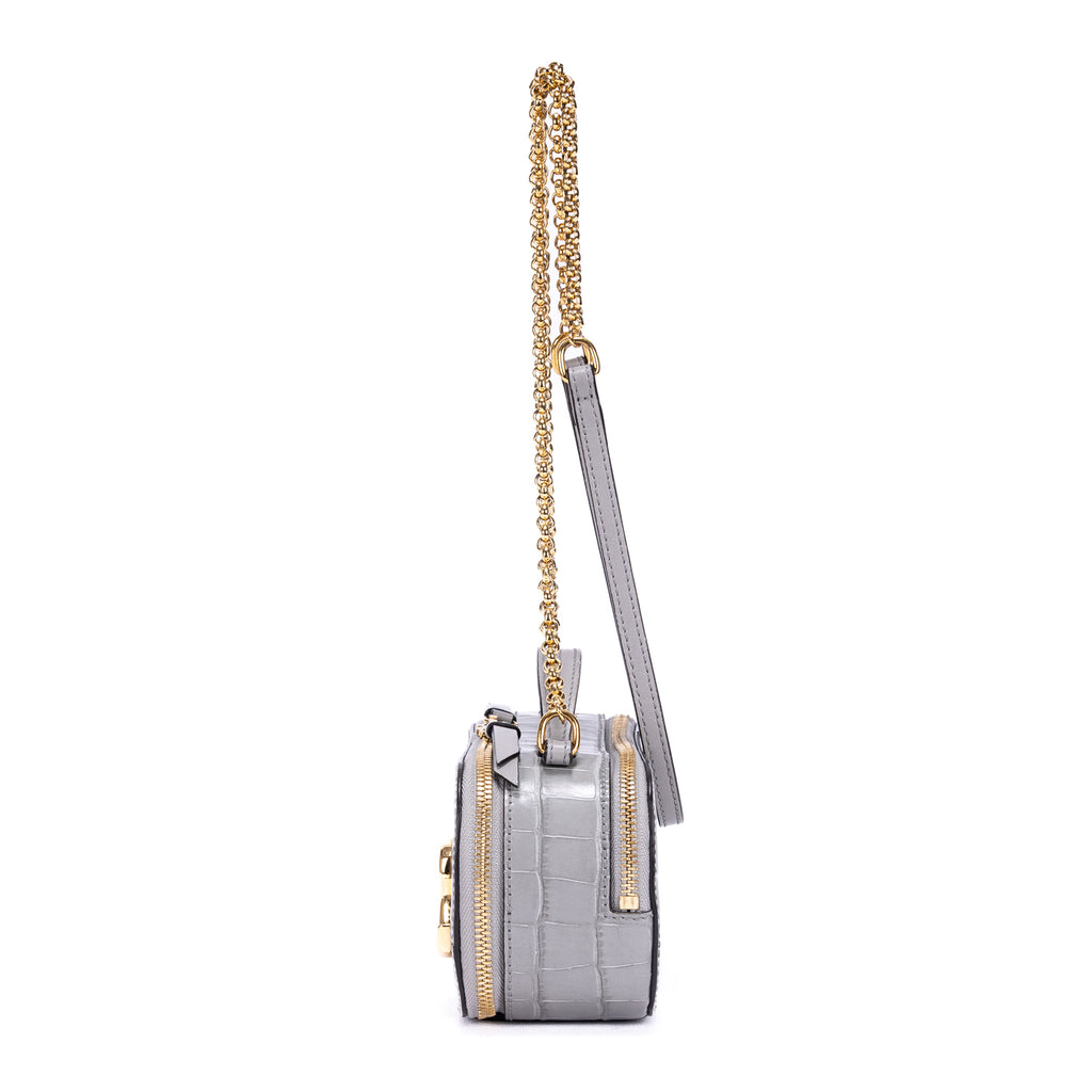 Sac à bandoulière C en cuir de veau gaufré façon crocodile gris