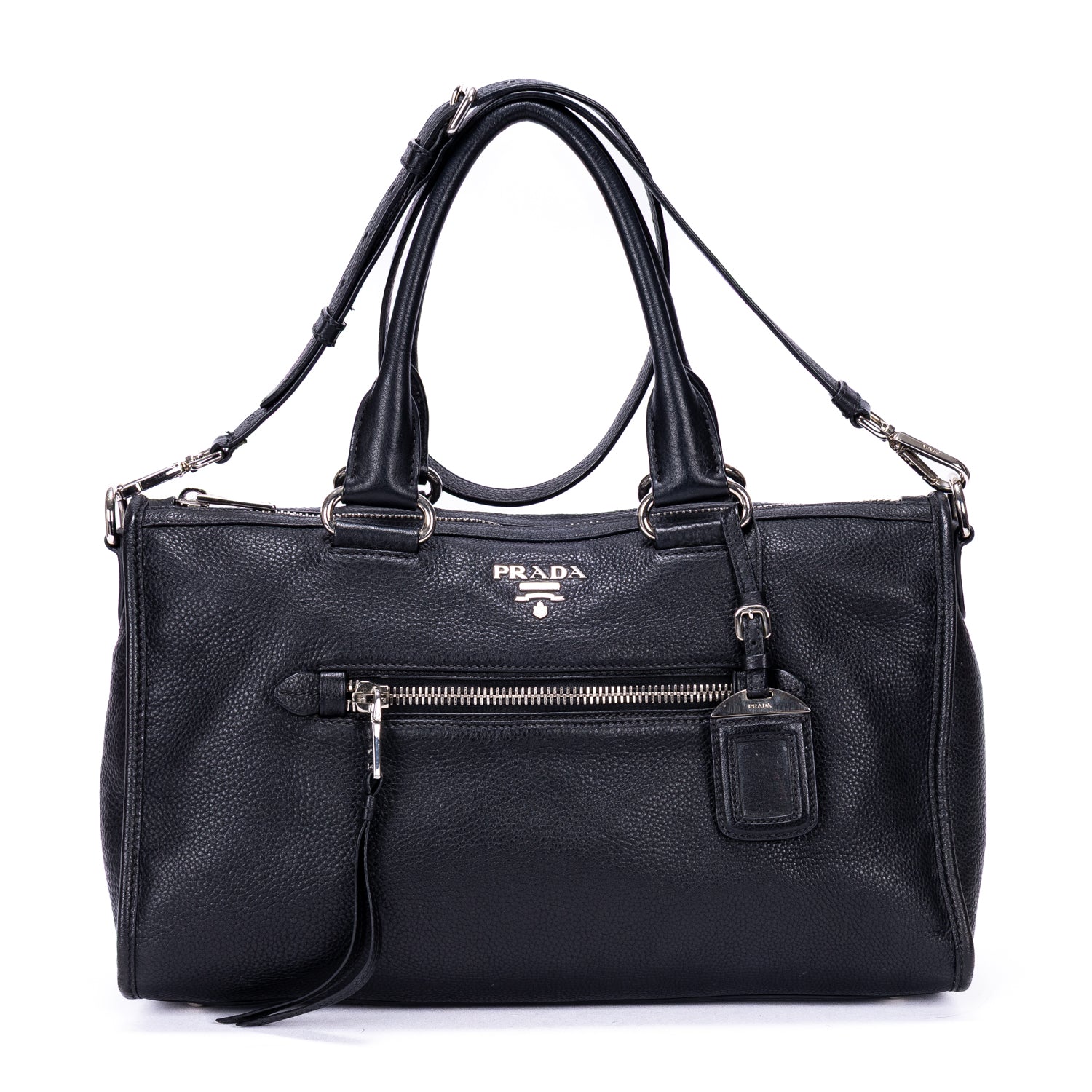 Shoulder Bag Front Pocket Double Handle Tote Black Vitello Phenix Leather