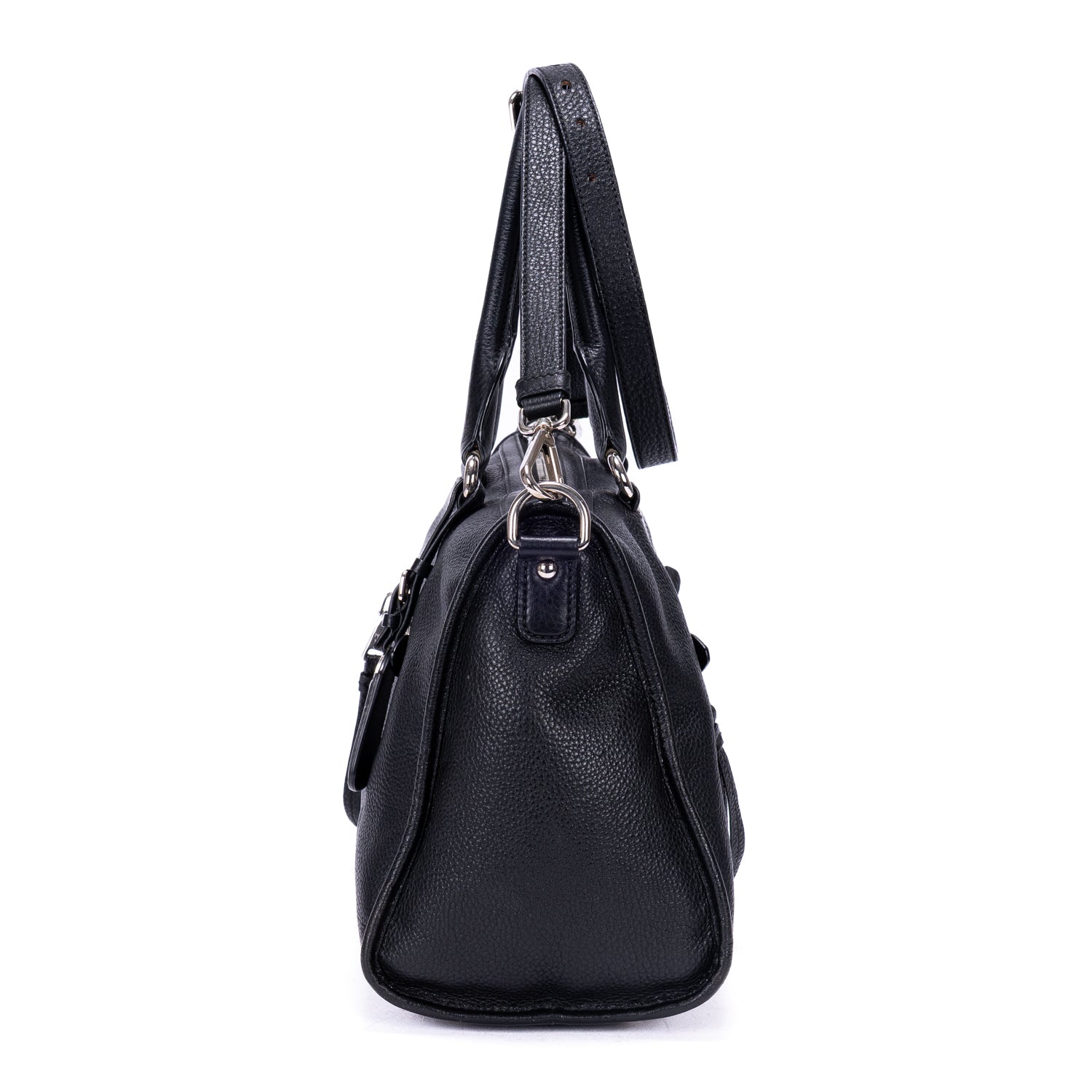 Shoulder Bag Front Pocket Double Handle Tote Black Vitello Phenix Leather