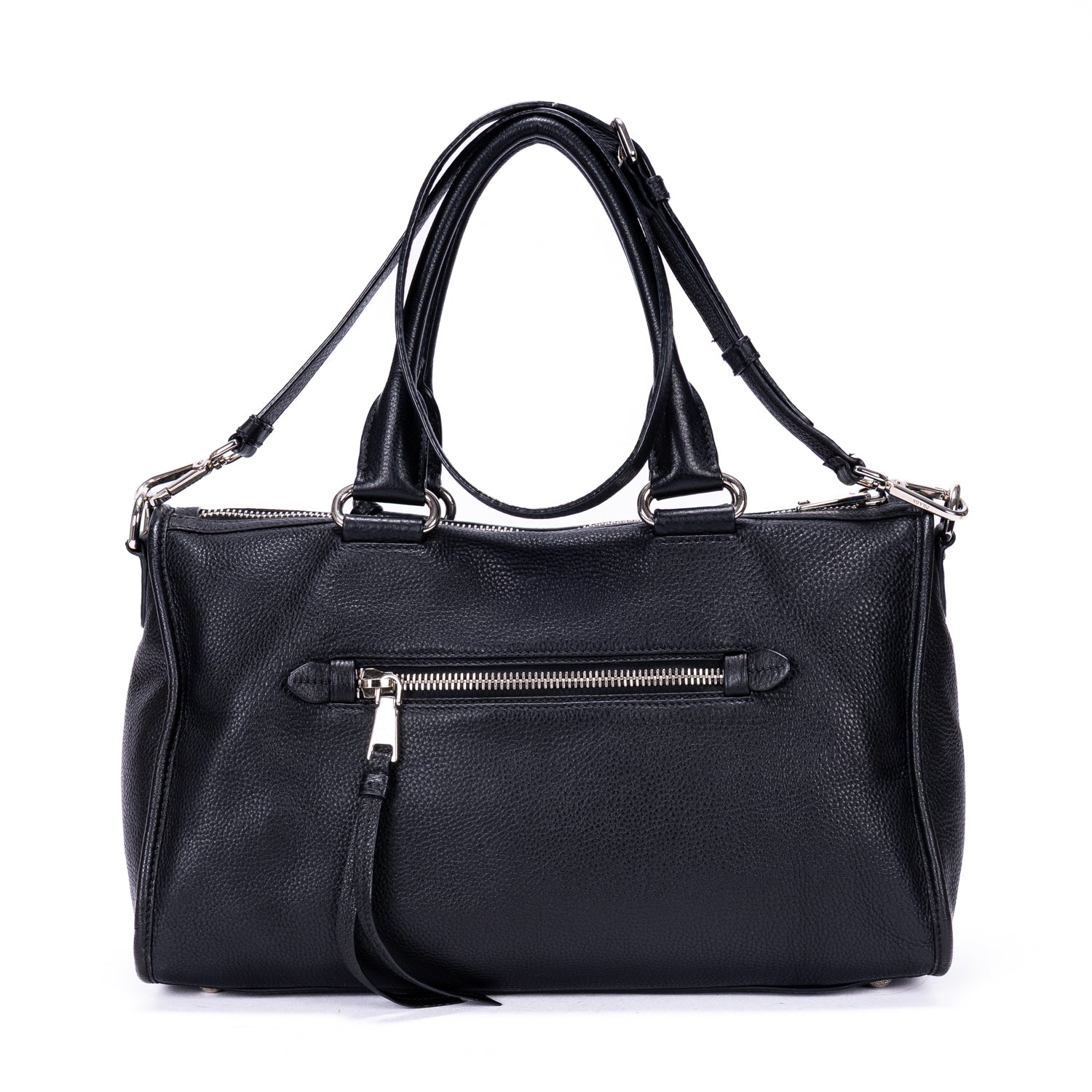 Shoulder Bag Front Pocket Double Handle Tote Black Vitello Phenix Leather