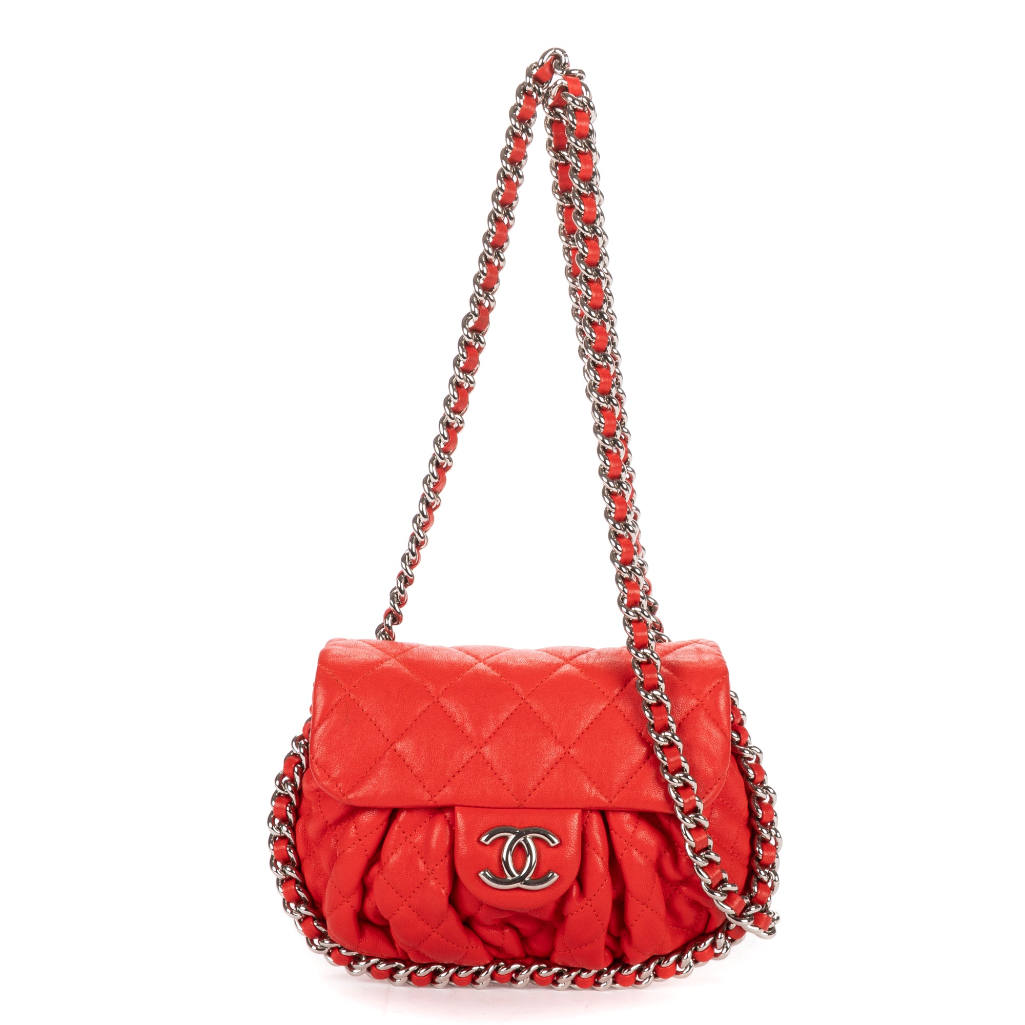 Shoulder Bag Chain Around Flap Small Red Quilted Lambskin Leather