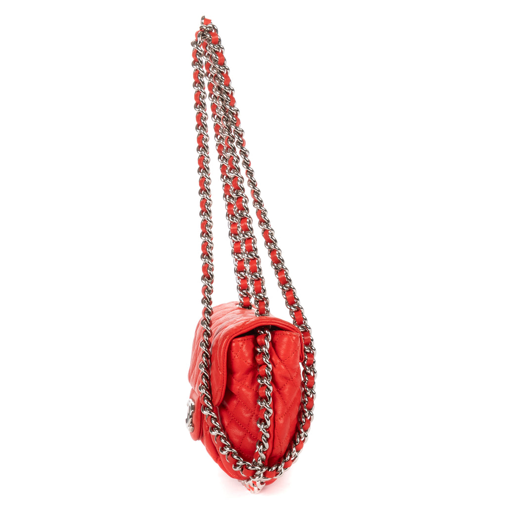 Shoulder Bag Chain Around Flap Small Red Quilted Lambskin Leather