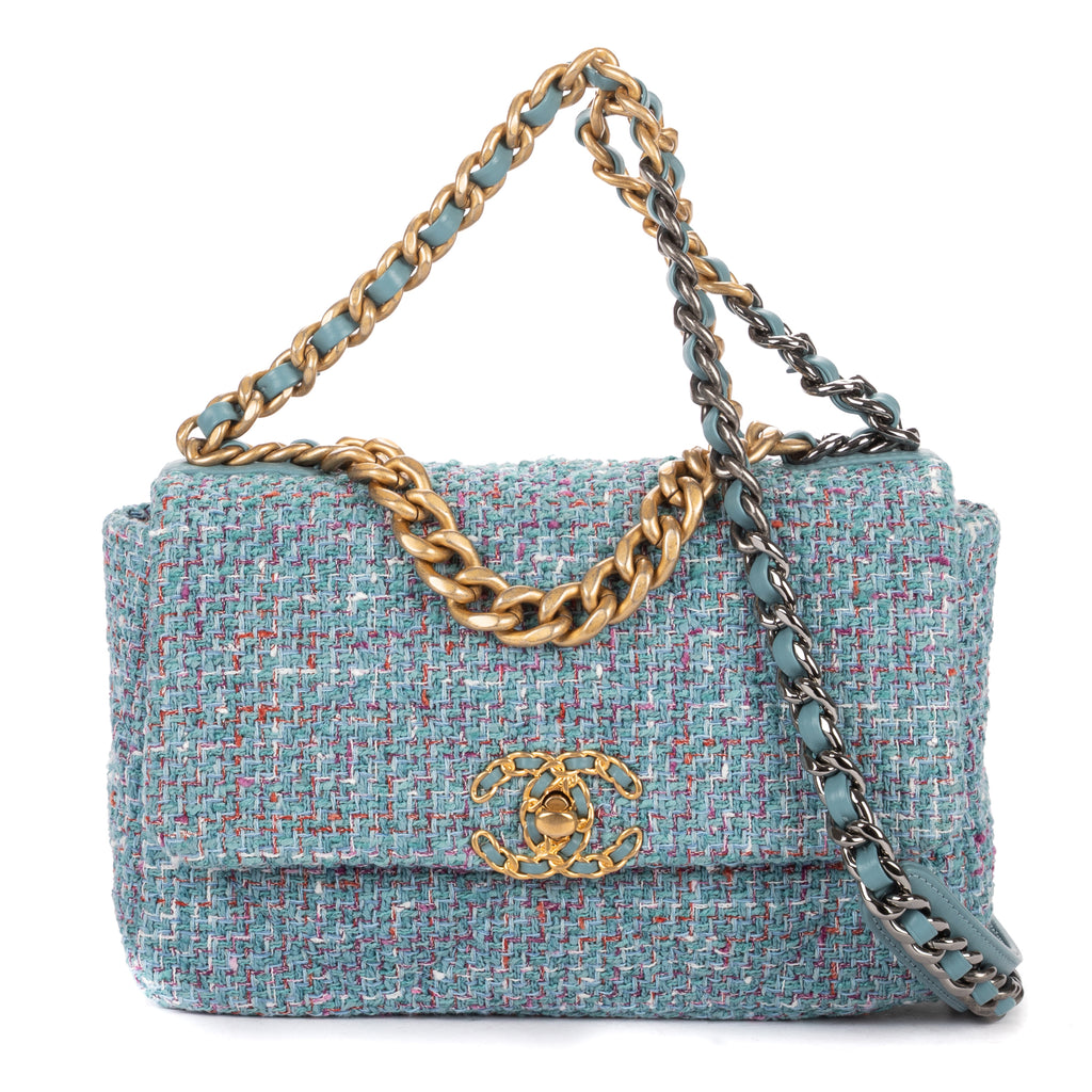 Shoulder Bag 19 Flap Bag Medium Blue Quilted Tweed Canvas
