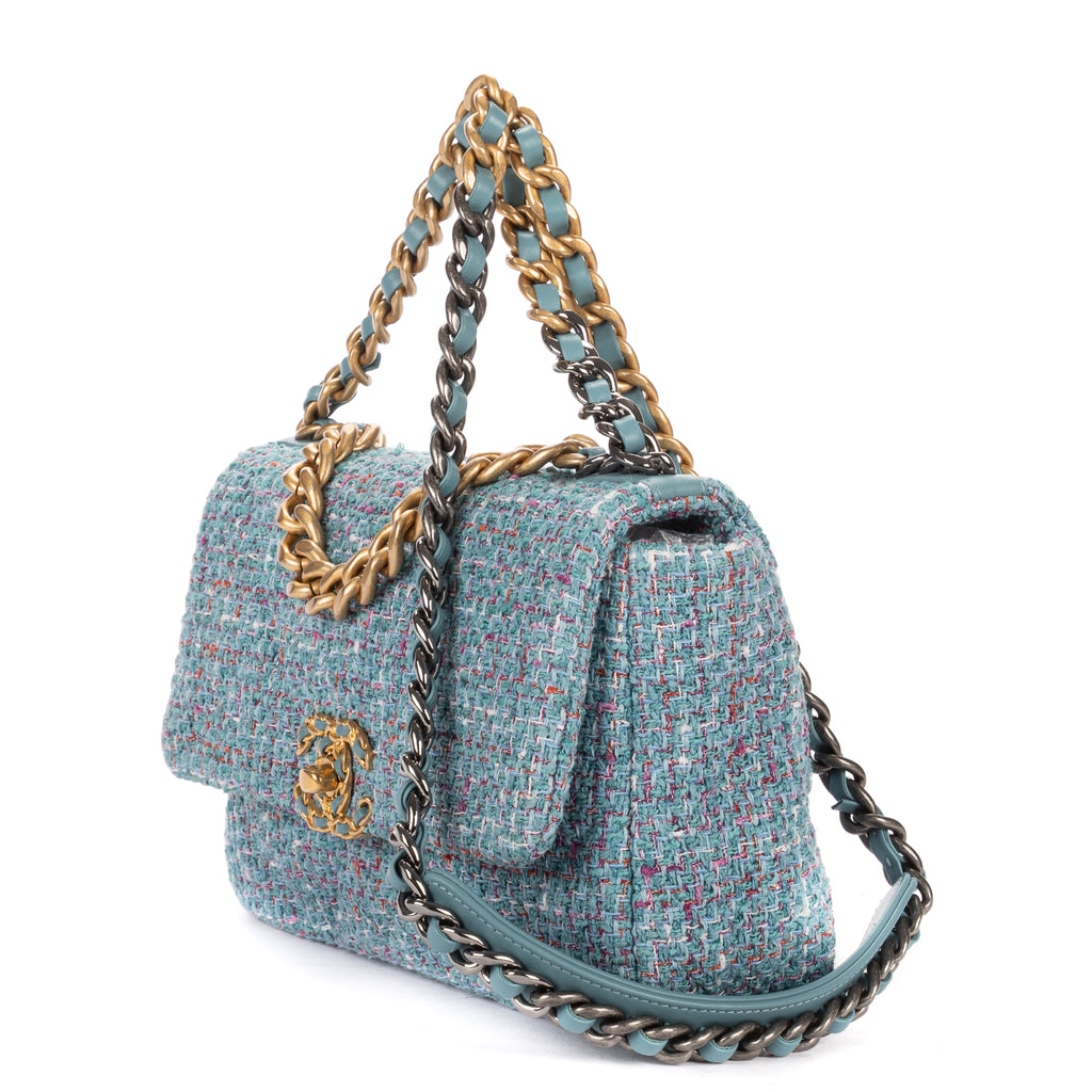 Shoulder Bag 19 Flap Bag Medium Blue Quilted Tweed Canvas