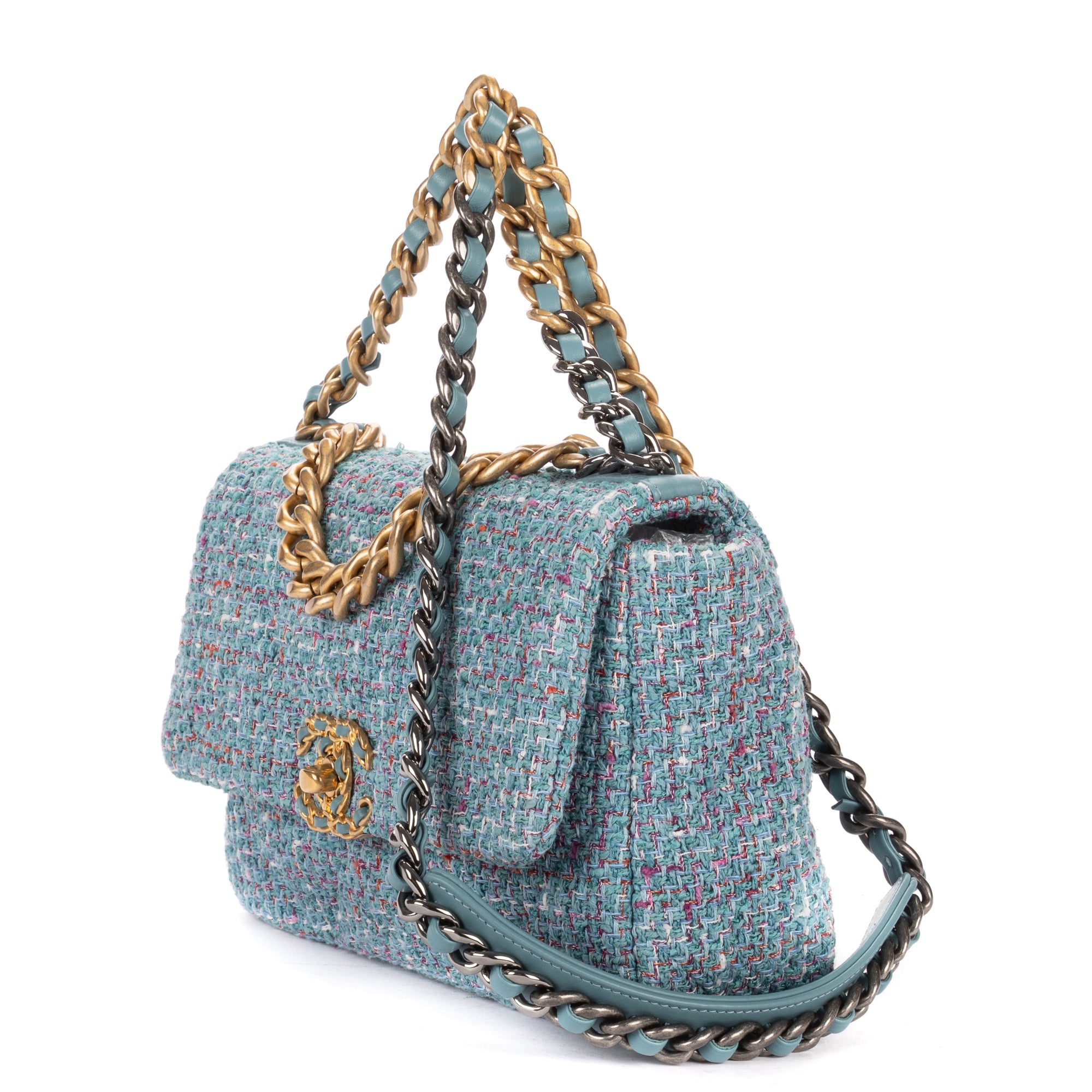 Shoulder Bag 19 Flap Bag Medium Blue Quilted Tweed Canvas