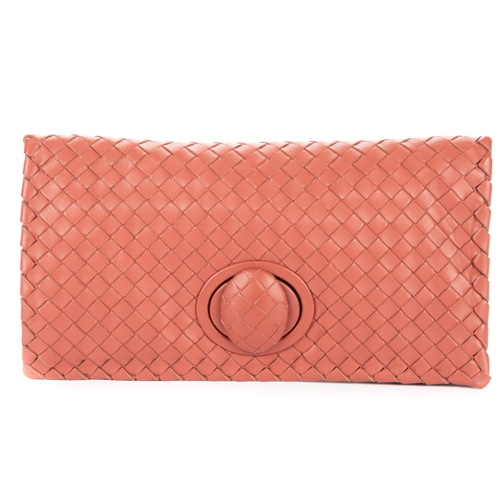 Clutch Turn Lock Clutch Brown Intrecciato Calfskin Leather