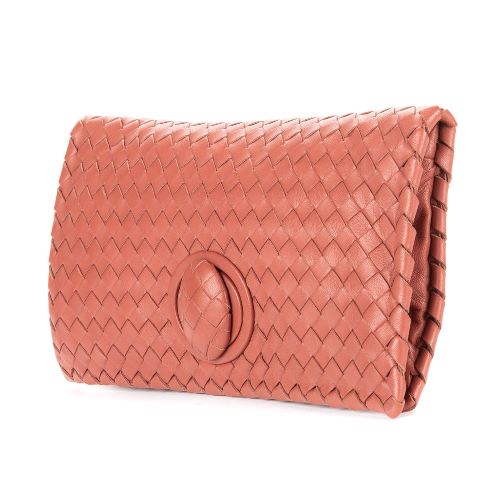 Clutch Turn Lock Clutch Brown Intrecciato Calfskin Leather