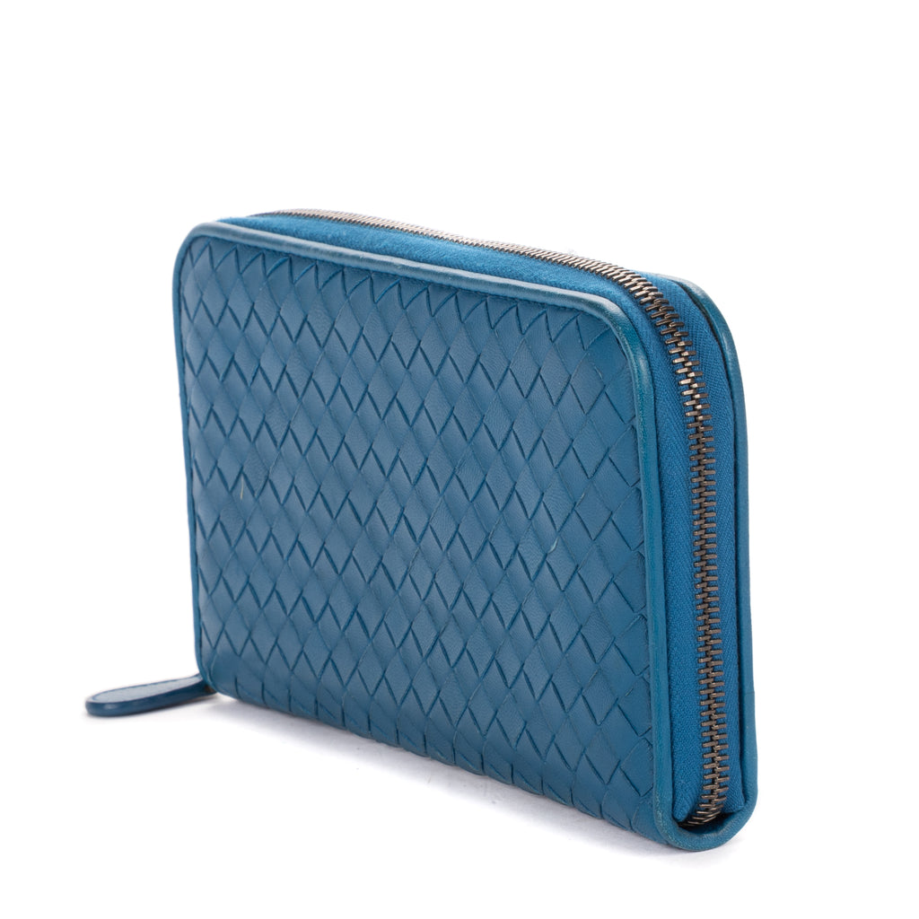 Shoulder Bag Zip Around Wallet Blue Intrecciato Calfskin Leather