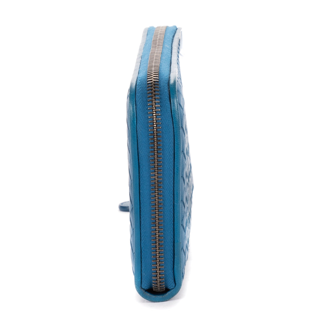 Shoulder Bag Zip Around Wallet Blue Intrecciato Calfskin Leather
