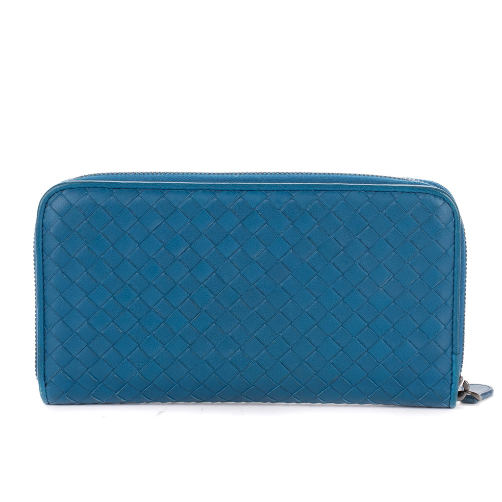 Shoulder Bag Zip Around Wallet Blue Intrecciato Calfskin Leather