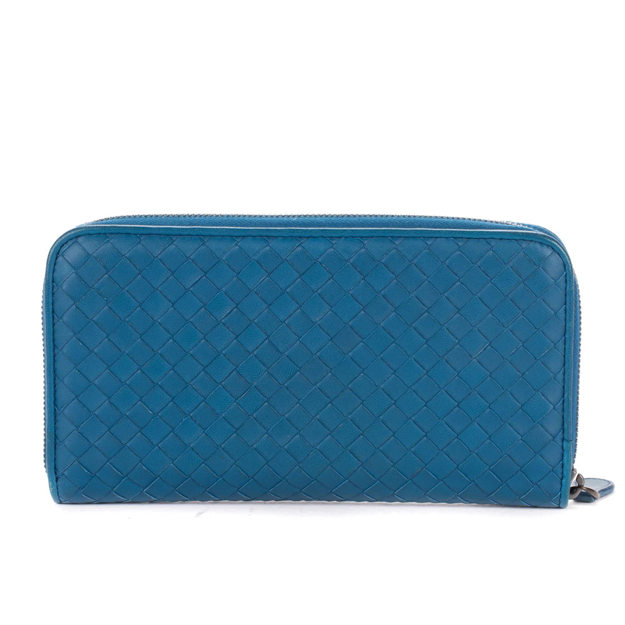Shoulder Bag Zip Around Wallet Blue Intrecciato Calfskin Leather