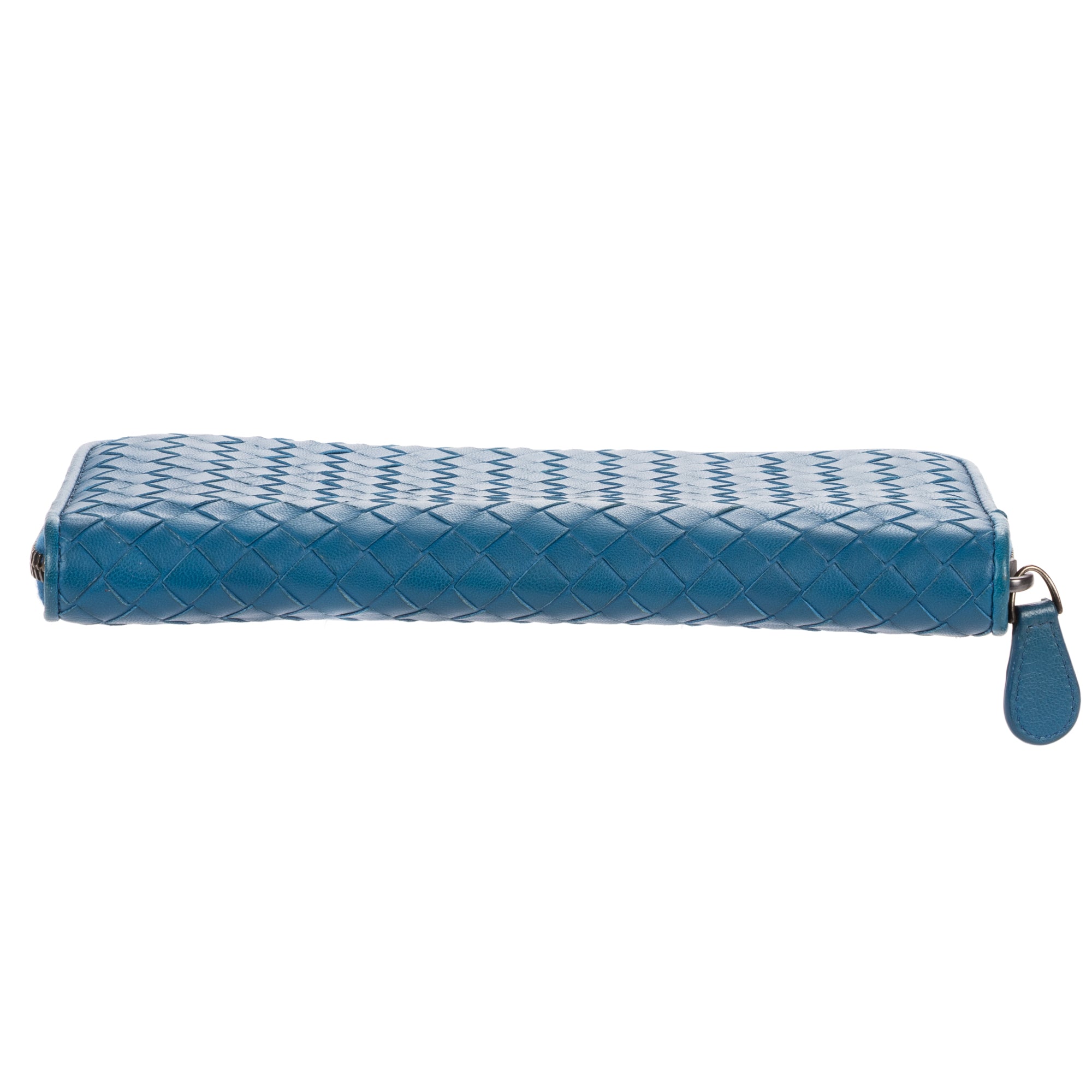 Shoulder Bag Zip Around Wallet Blue Intrecciato Calfskin Leather