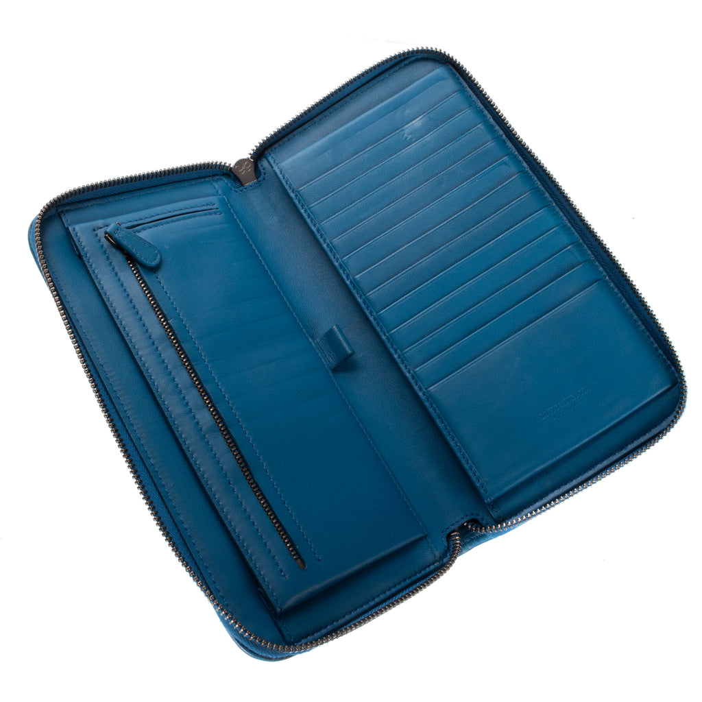 Shoulder Bag Zip Around Wallet Blue Intrecciato Calfskin Leather