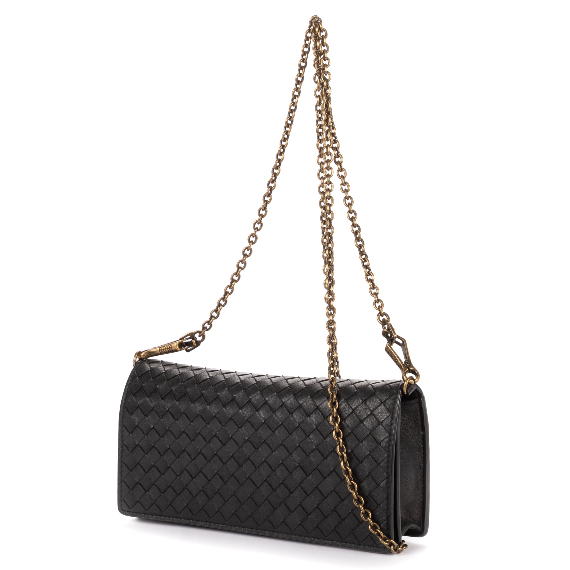 Shoulder Bag Wallet on Chain Crossbody Black Intrecciato Calfskin Leather