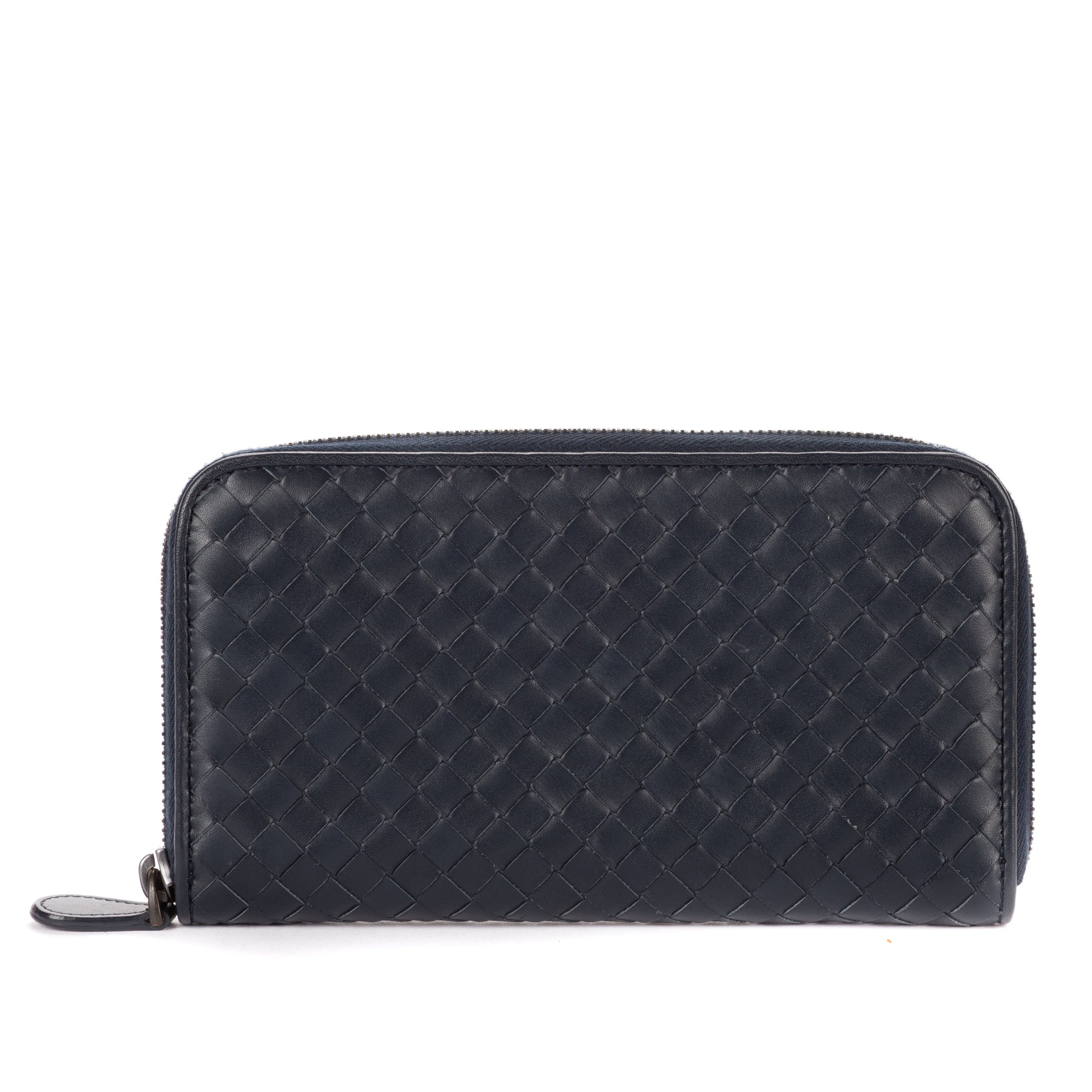 Wallet Long Zip Around Wallet Navy Intrecciato Calfskin Leather
