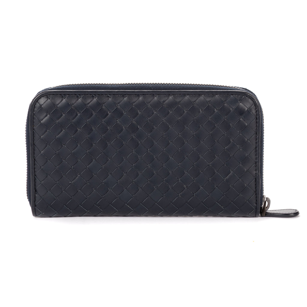 Wallet Long Zip Around Wallet Navy Intrecciato Calfskin Leather