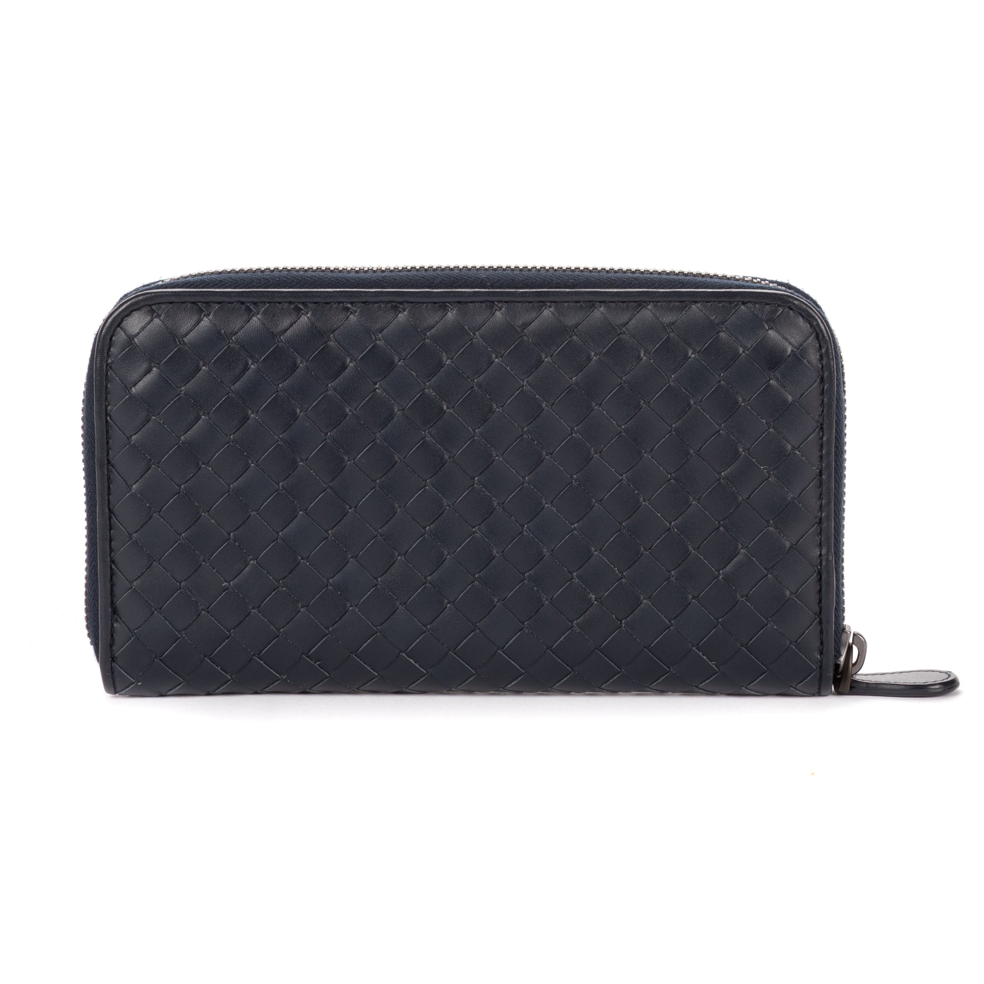 Wallet Long Zip Around Wallet Navy Intrecciato Calfskin Leather