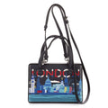 Bolso de Hombro London Postal con Asa Superior de Piel de Becerro Estampada Azul