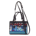 Bolso de Hombro London Postal con Asa Superior de Piel de Becerro Estampada Azul