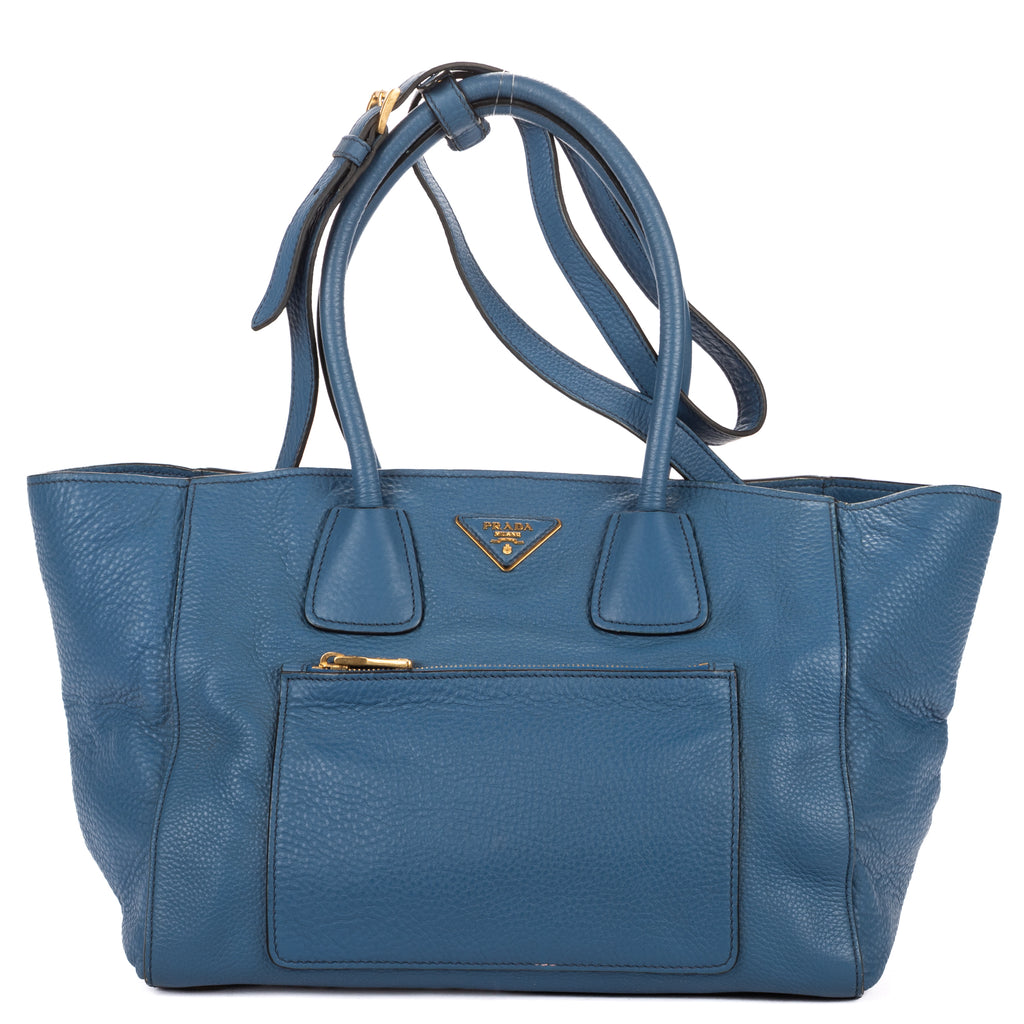 Shoulder Bag Twin Pocket Double Handle Tote Blue Vitello Daino Leather