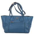 Shoulder Bag Twin Pocket Double Handle Tote Blue Vitello Daino Leather