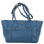 Shoulder Bag Twin Pocket Double Handle Tote Blue Vitello Daino Leather