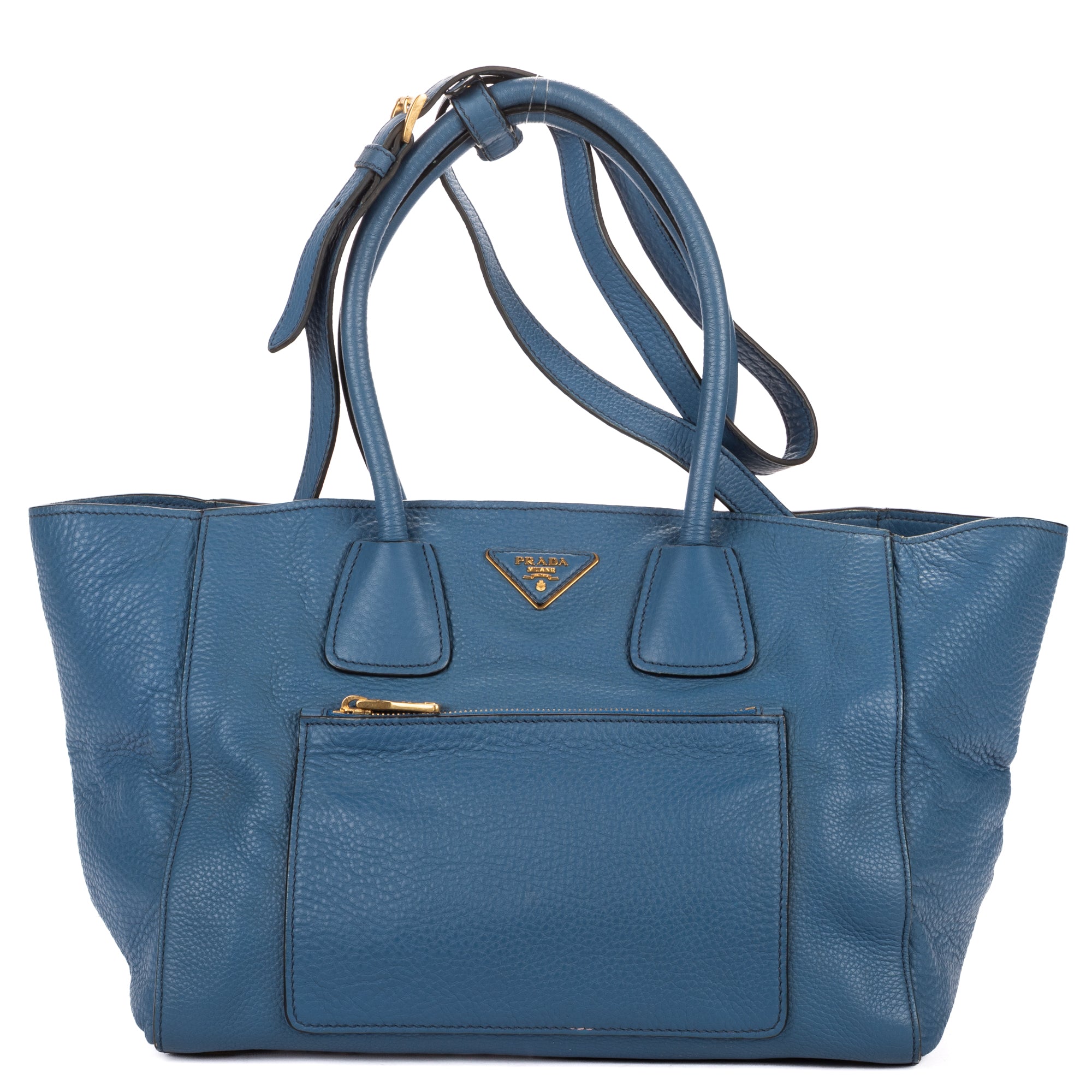 Shoulder Bag Twin Pocket Double Handle Tote Blue Vitello Daino Leather