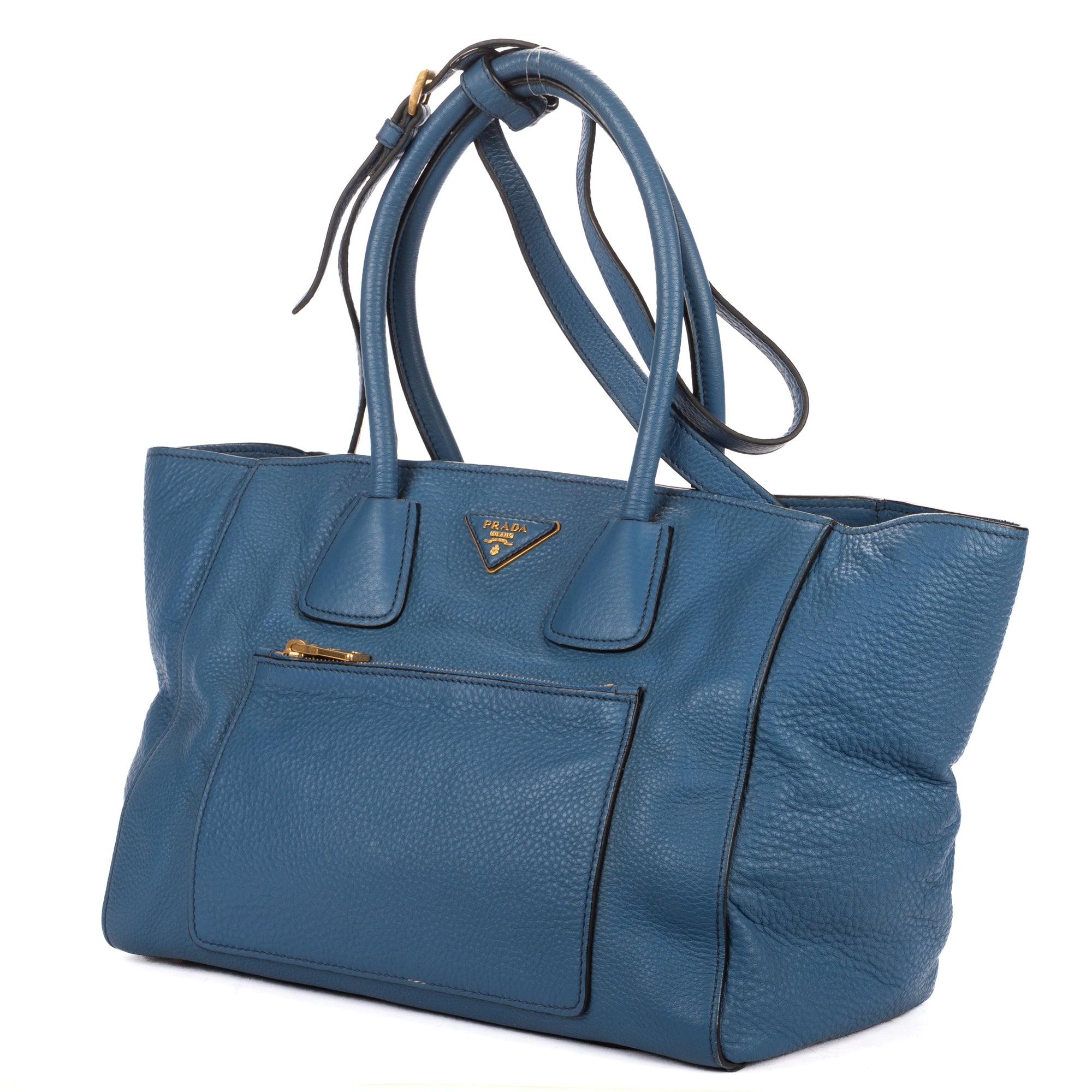 Shoulder Bag Twin Pocket Double Handle Tote Blue Vitello Daino Leather