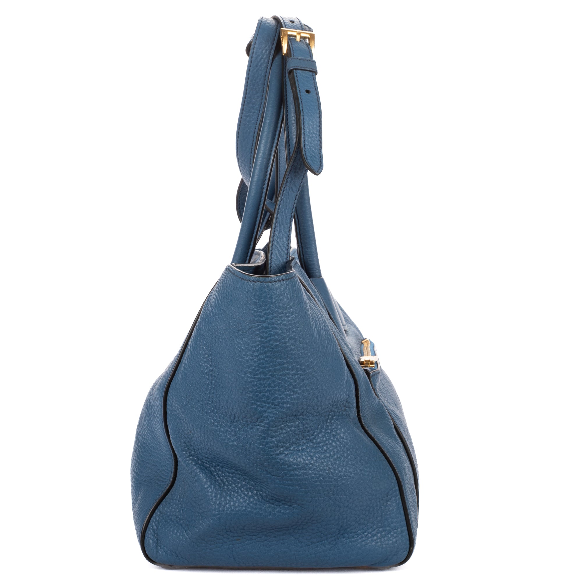 Shoulder Bag Twin Pocket Double Handle Tote Blue Vitello Daino Leather