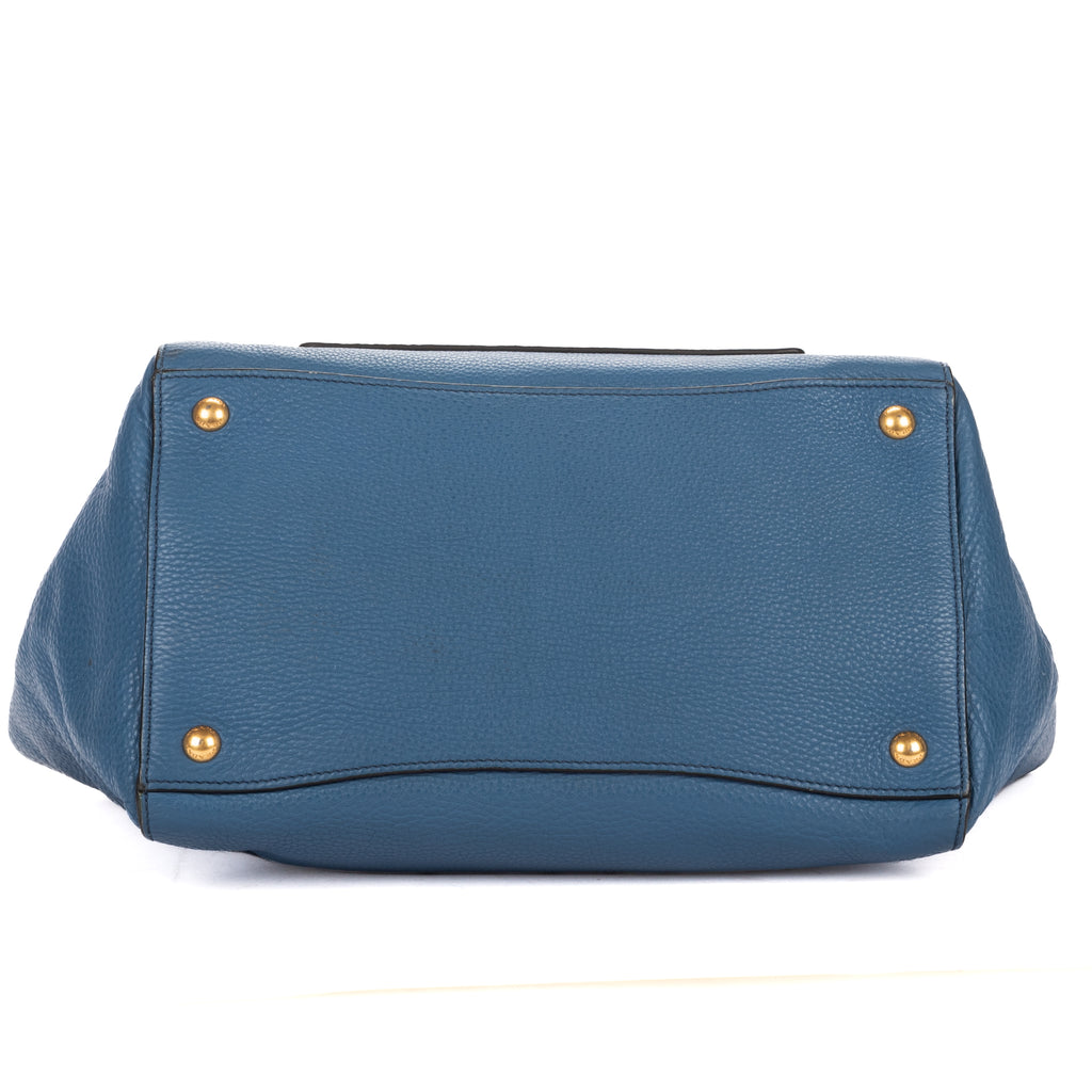 Shoulder Bag Twin Pocket Double Handle Tote Blue Vitello Daino Leather