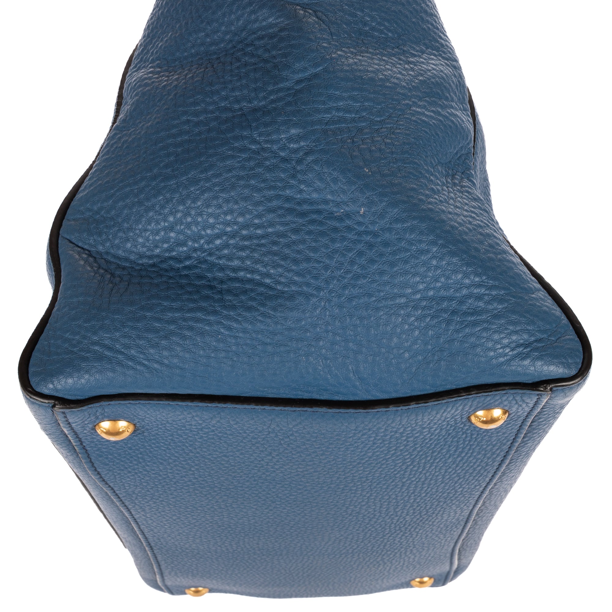 Shoulder Bag Twin Pocket Double Handle Tote Blue Vitello Daino Leather