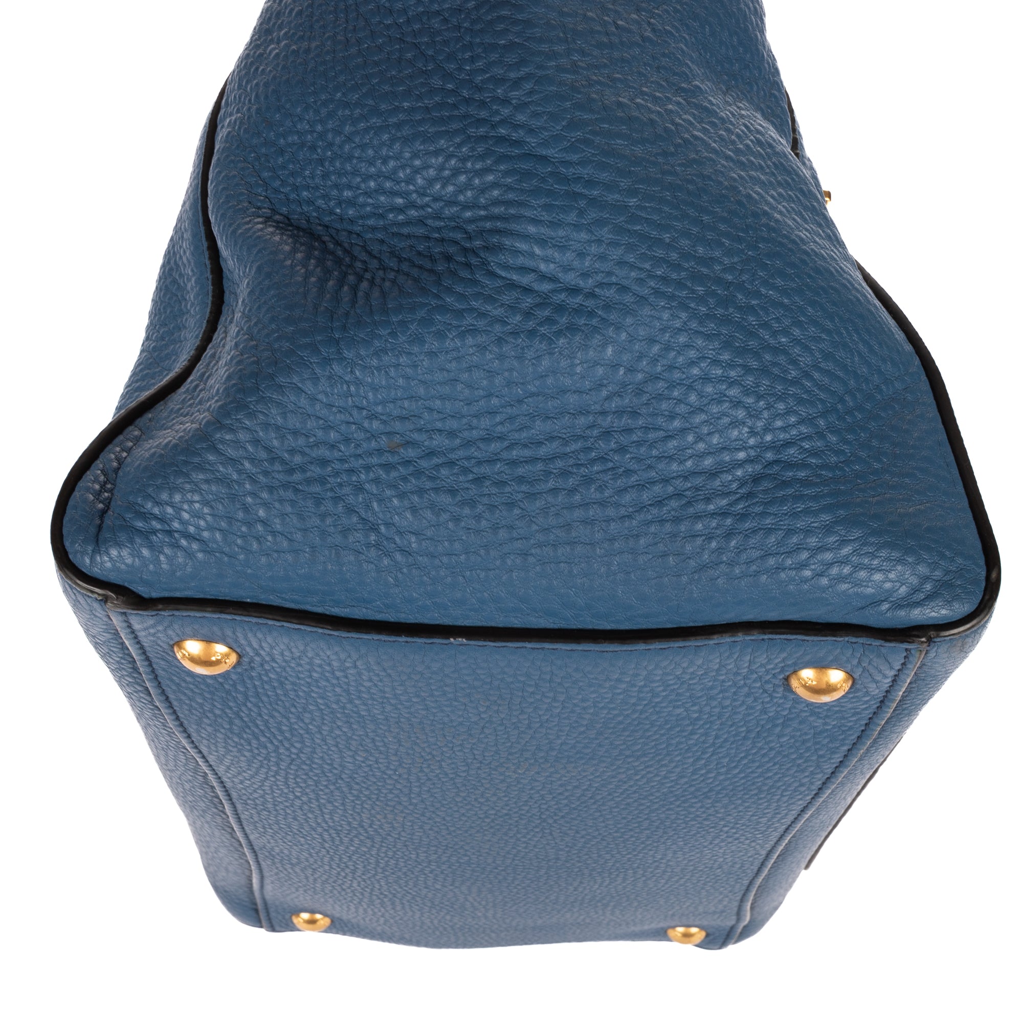 Shoulder Bag Twin Pocket Double Handle Tote Blue Vitello Daino Leather