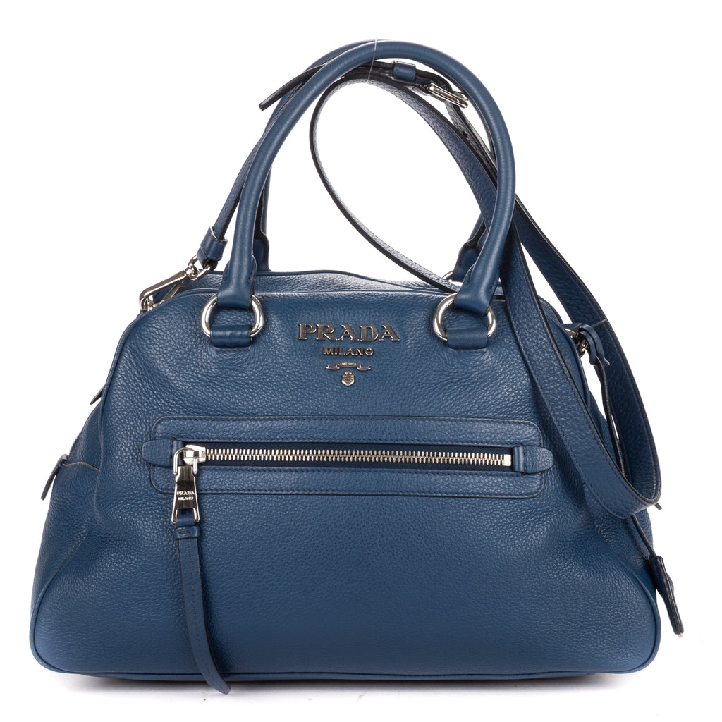 Shoulder Bag Front Zip Pocket Bowling Tote Blue Vitello Phenix Leather