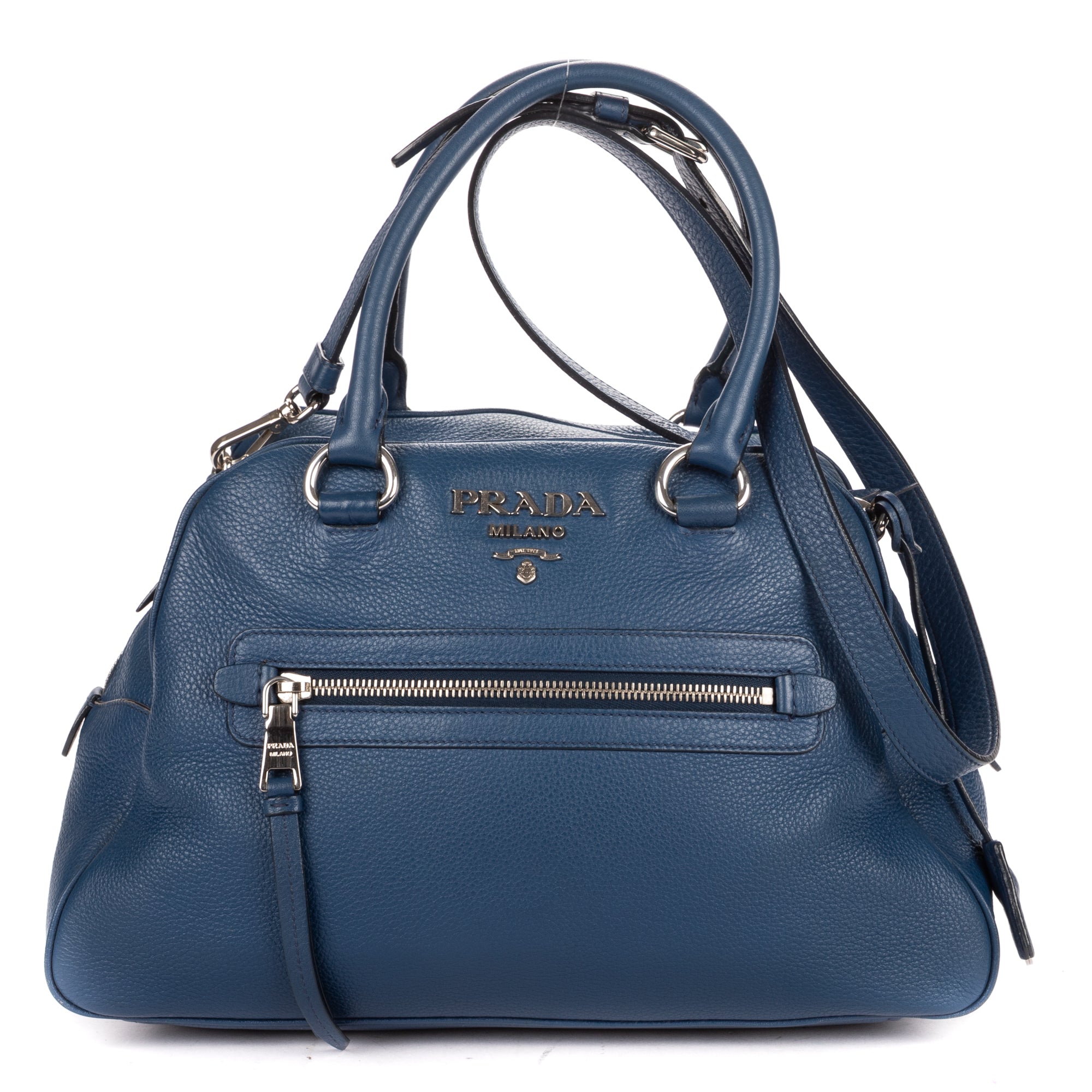 Shoulder Bag Front Zip Pocket Bowling Tote Blue Vitello Phenix Leather