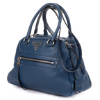Shoulder Bag Front Zip Pocket Bowling Tote Blue Vitello Phenix Leather