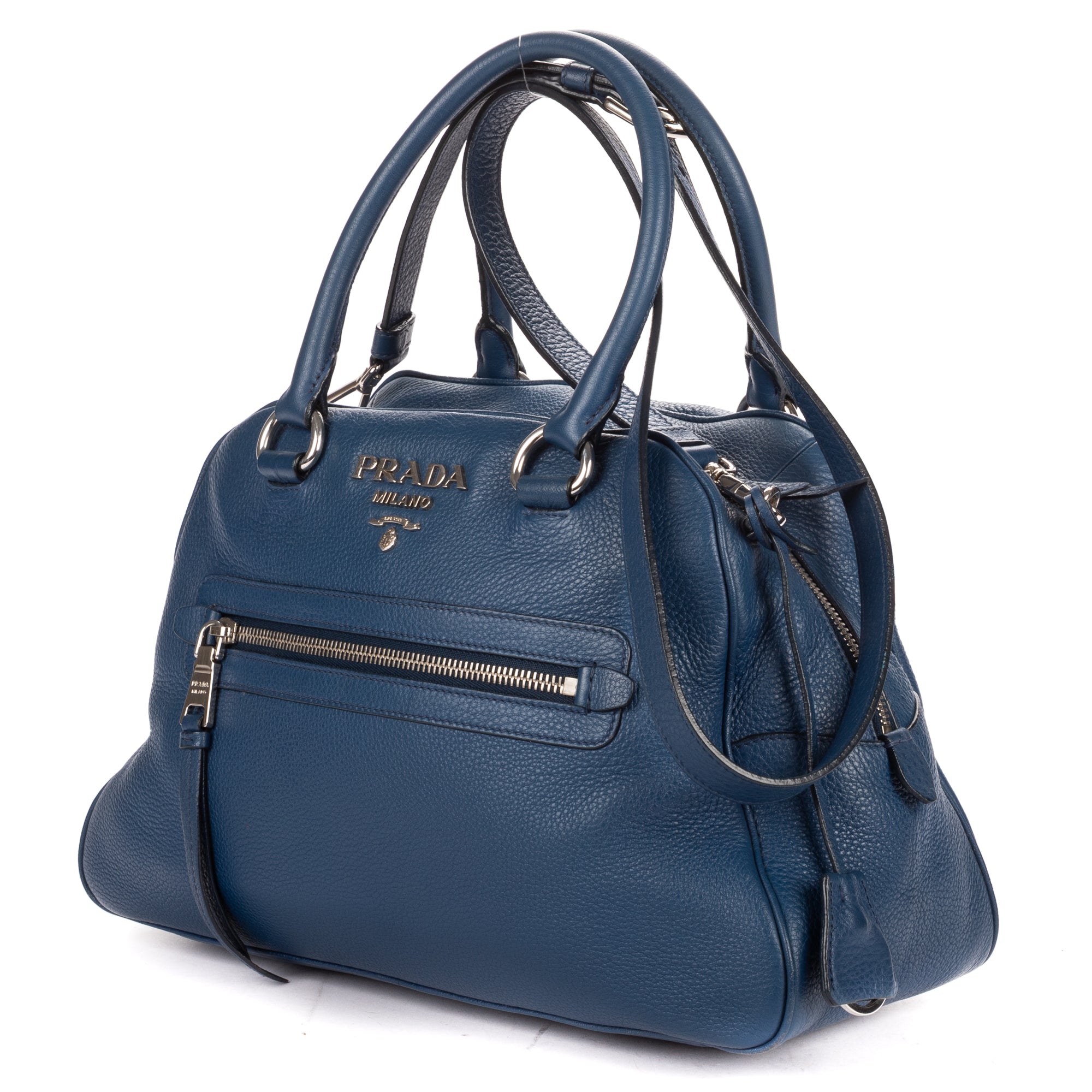 Shoulder Bag Front Zip Pocket Bowling Tote Blue Vitello Phenix Leather