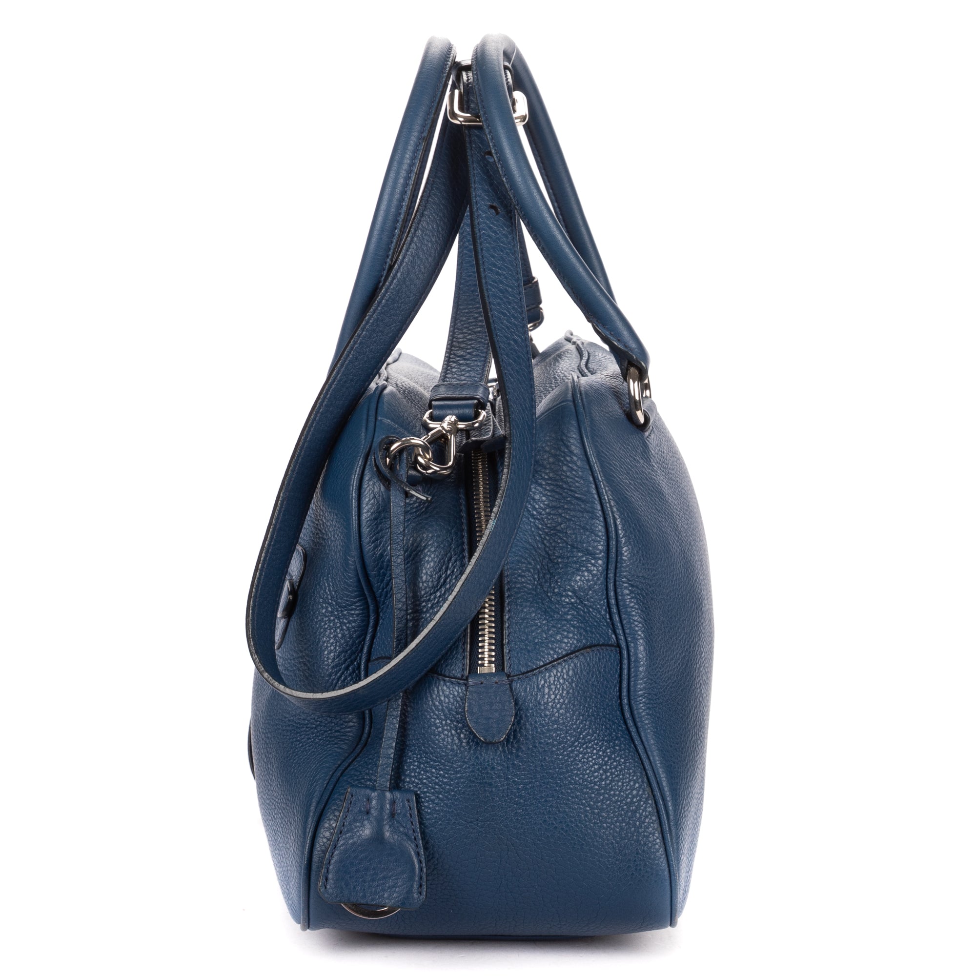 Shoulder Bag Front Zip Pocket Bowling Tote Blue Vitello Phenix Leather