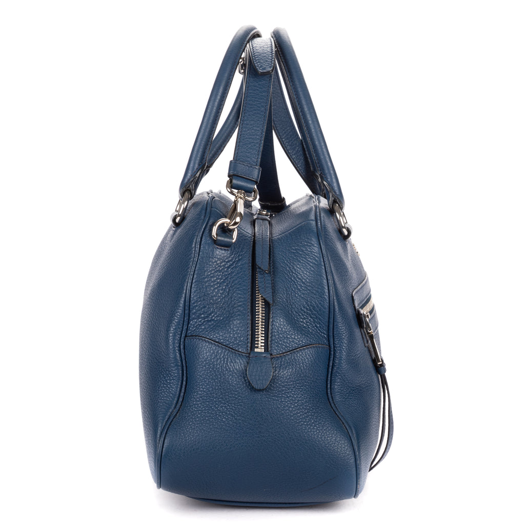 Shoulder Bag Front Zip Pocket Bowling Tote Blue Vitello Phenix Leather