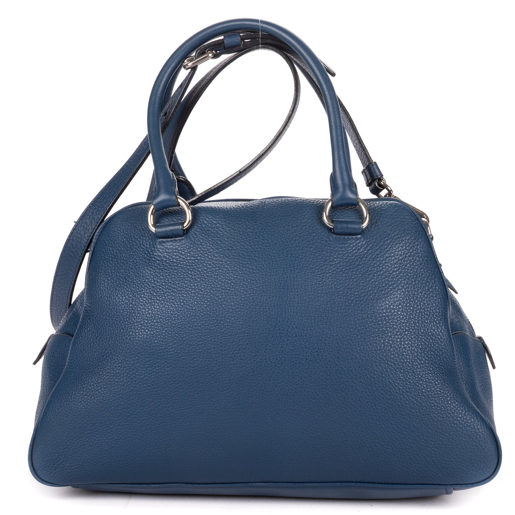 Shoulder Bag Front Zip Pocket Bowling Tote Blue Vitello Phenix Leather