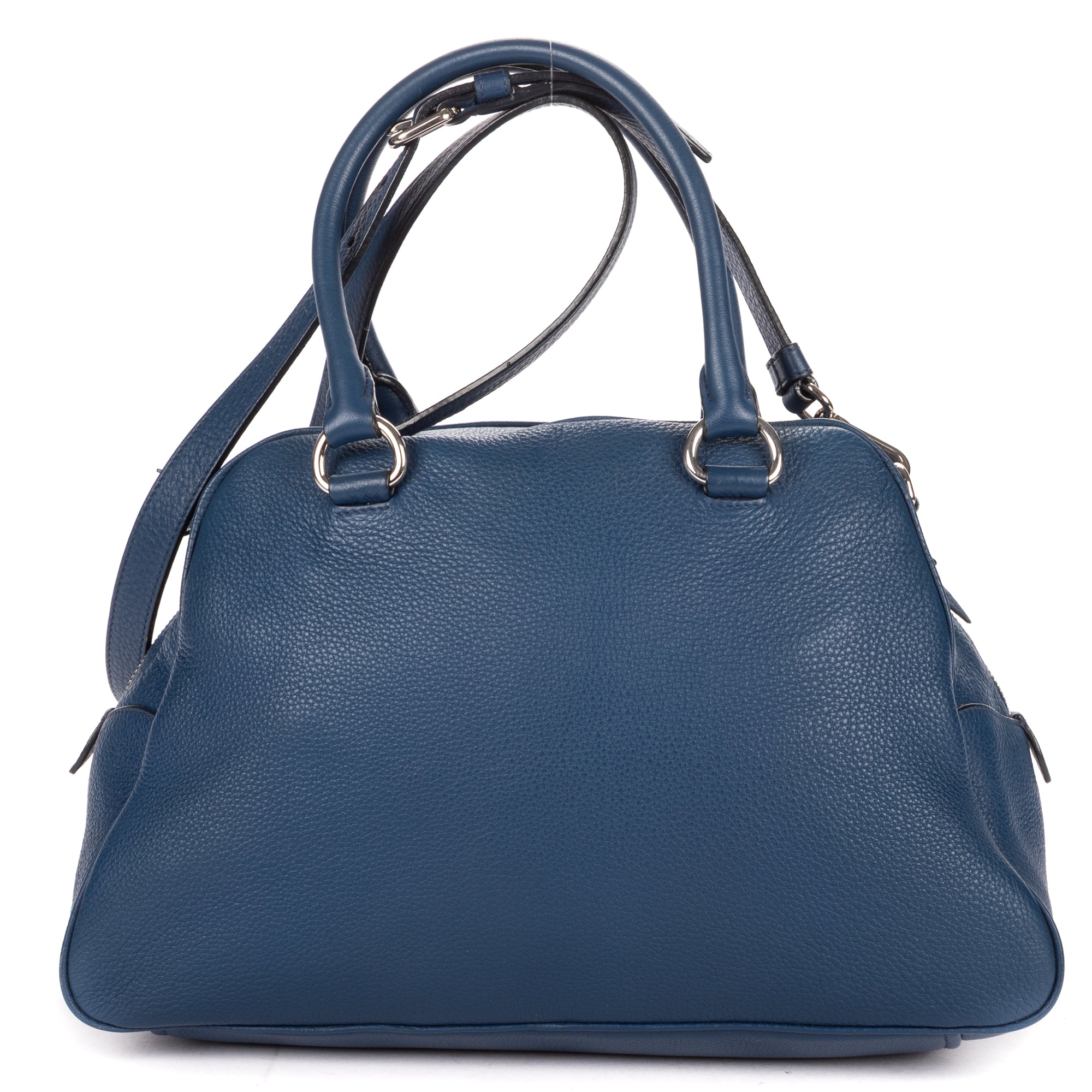 Shoulder Bag Front Zip Pocket Bowling Tote Blue Vitello Phenix Leather