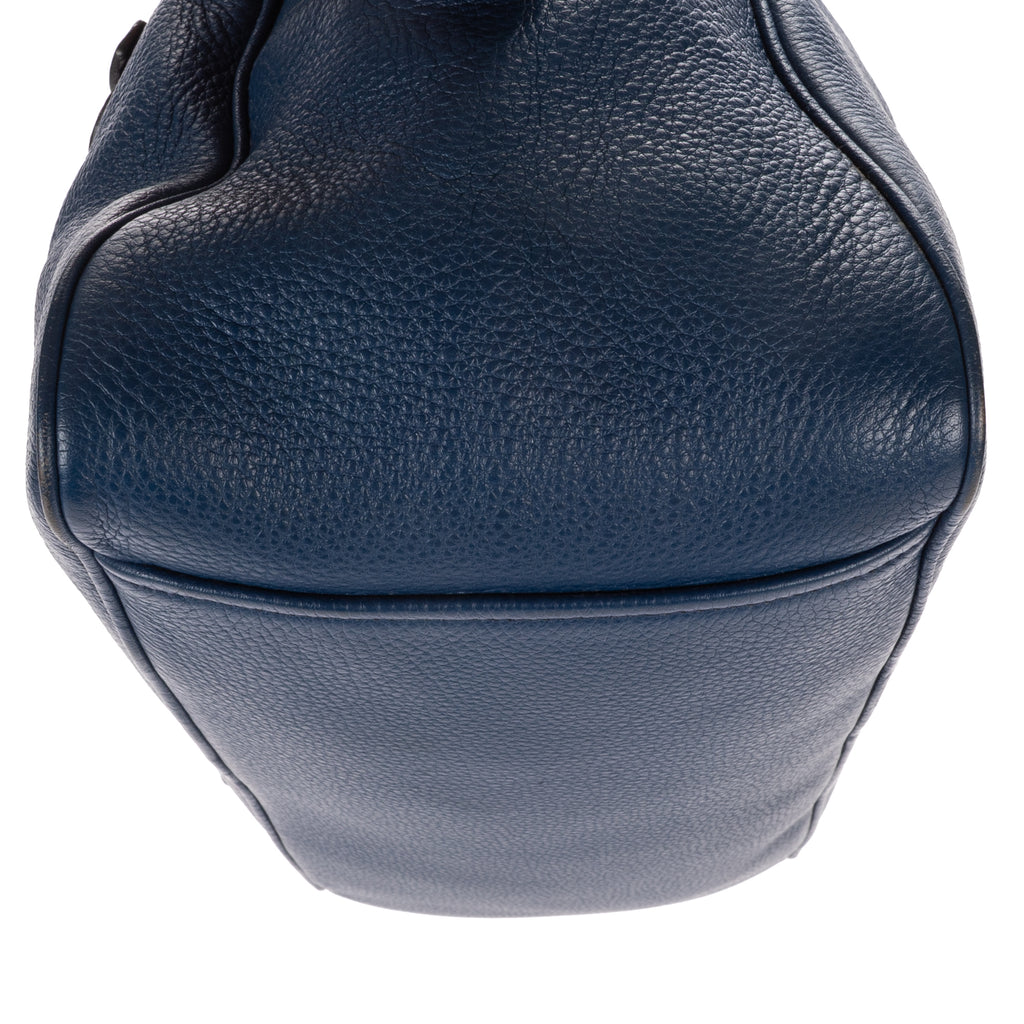 Shoulder Bag Front Zip Pocket Bowling Tote Blue Vitello Phenix Leather