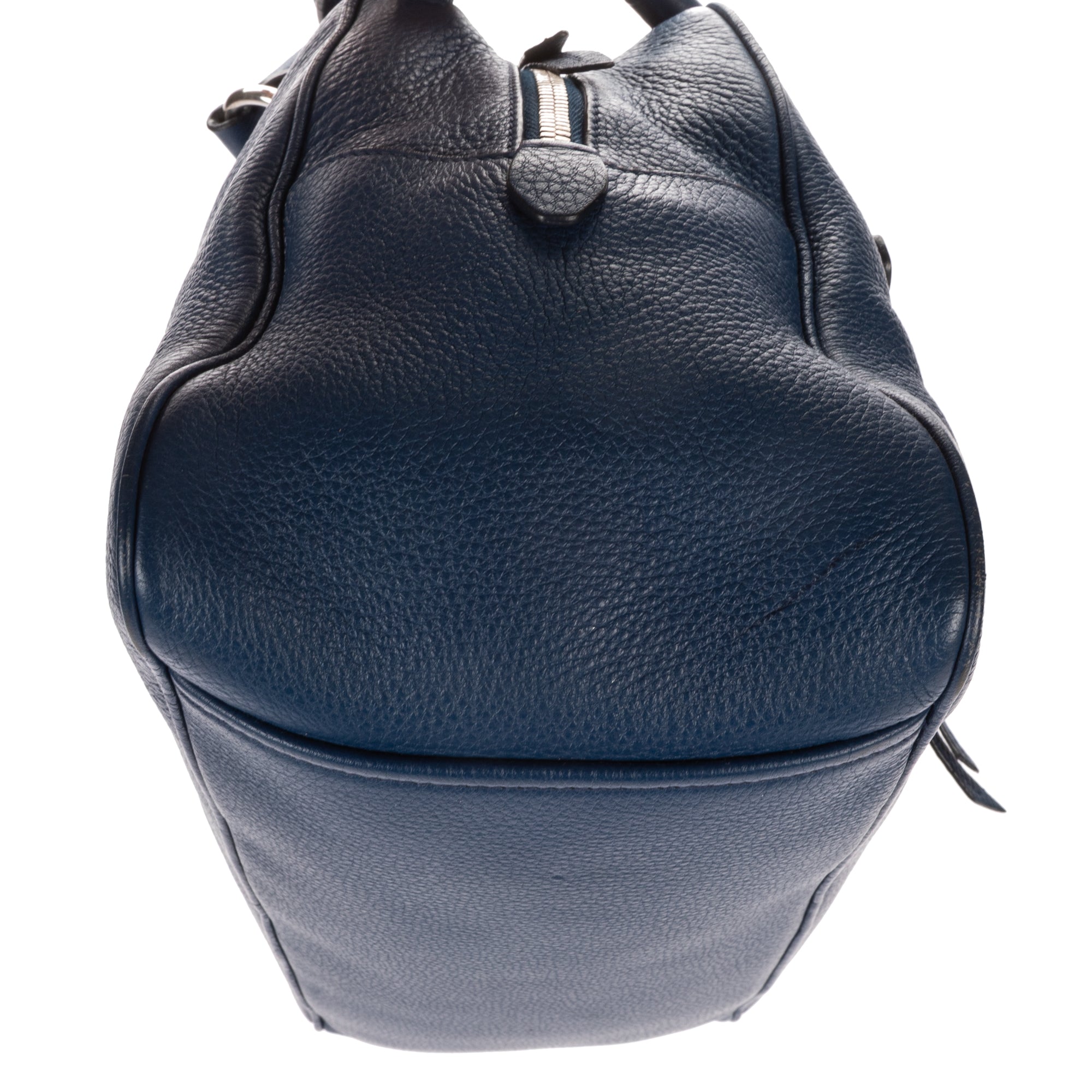Shoulder Bag Front Zip Pocket Bowling Tote Blue Vitello Phenix Leather