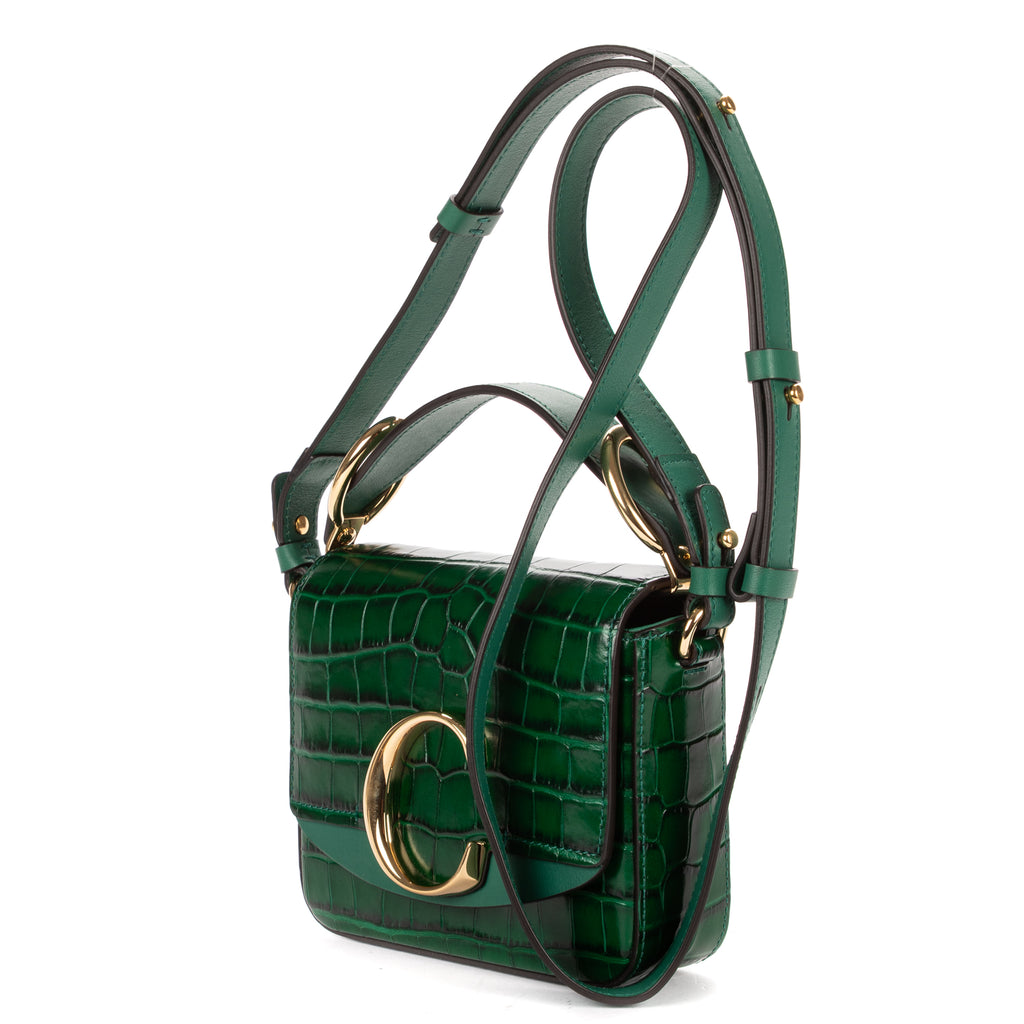 Shoulder Bag Mini C Bag Mini Dark Green Crocodoile Embossed Calfskin Leather